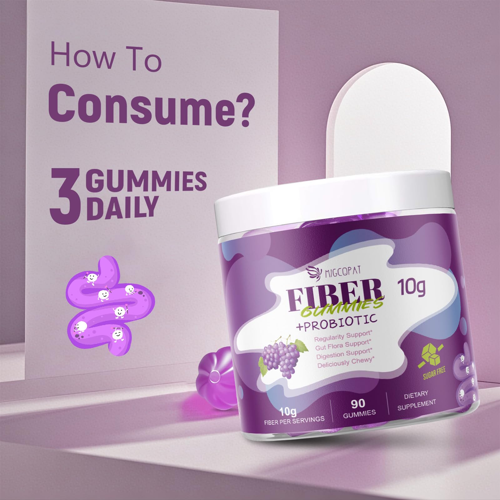 Migcopat 10G Fiber Gummies for Adults, No Sugar Added Grape Flavor, Fiber Supplement with 30 Billion CFU Probiotics Blend, ACV, Vitamin C, Inulin, Support Digestive Health, 90 Count — Amazon image 8