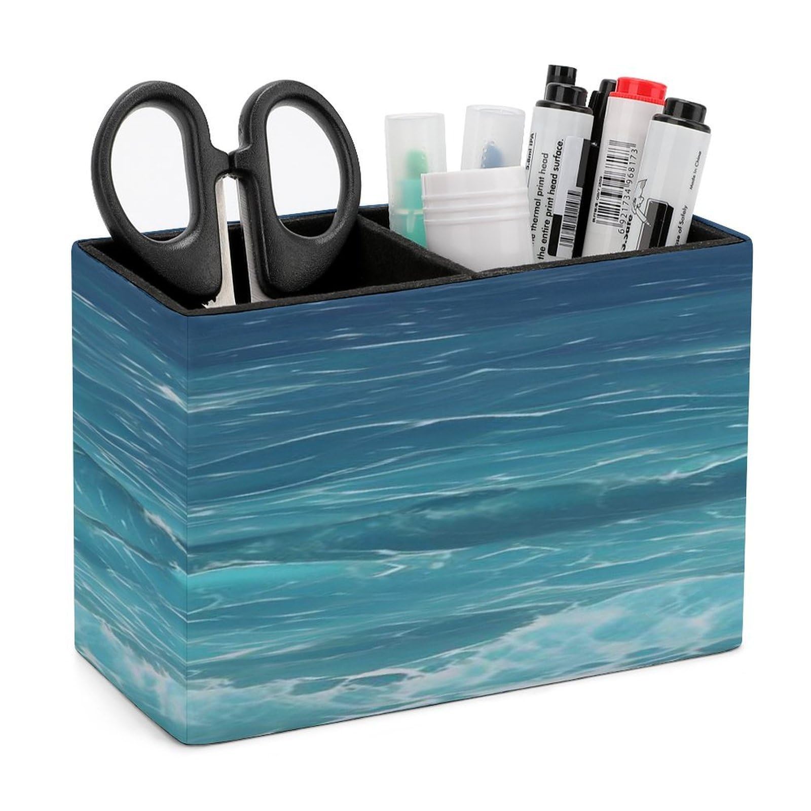 FodPand The Deep Ocean Leather Pen Holder for Desk Organizers Caddy Pencil Holder Multi-function Pen Organizer Large Makeup Brush Holders Pencil Cup for Home Office Storage Box