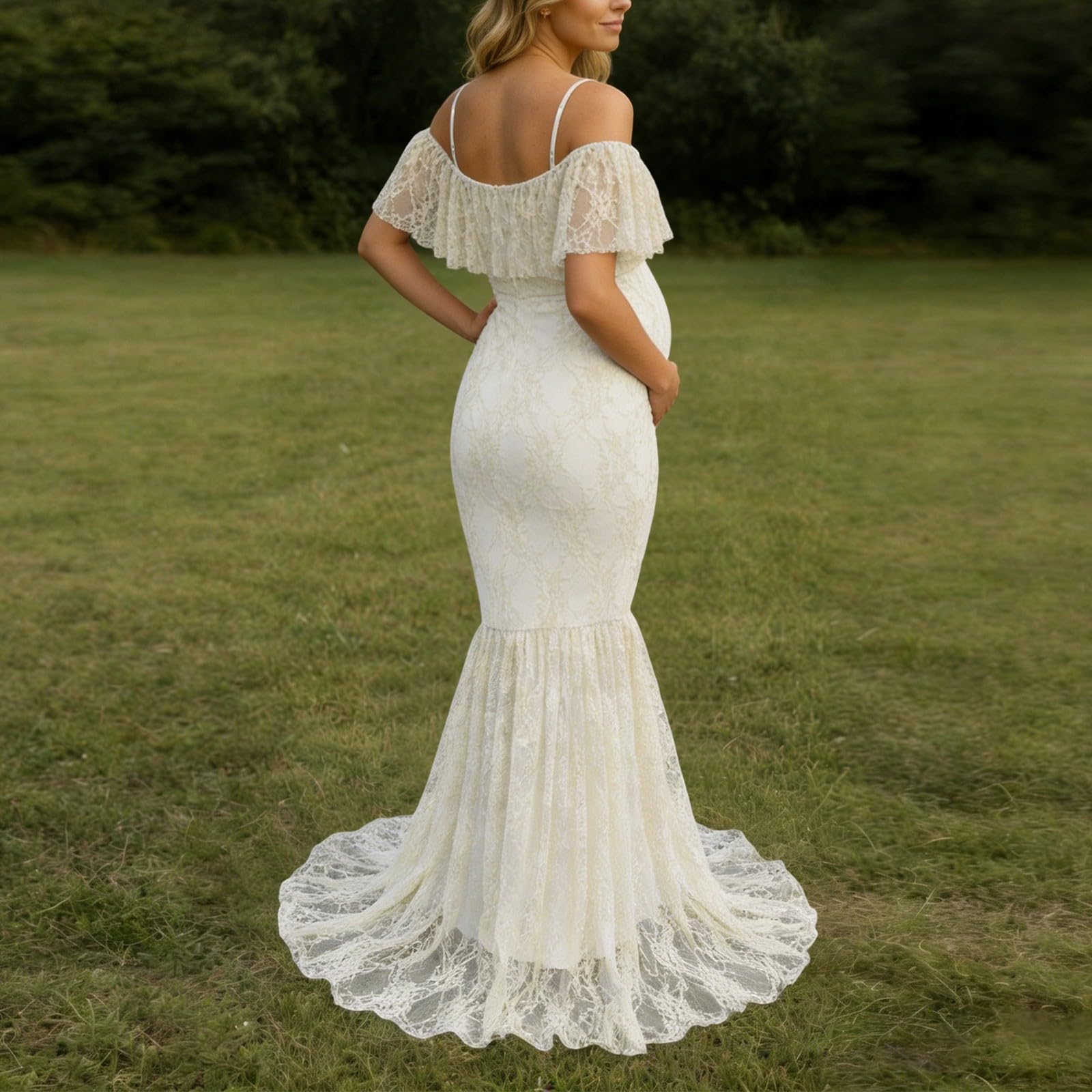 Abito premaman da donna con spalline sottili, abito premaman con volant in pizzo floreale, abito estivo per fotografia, abito da matrimonio, abito elegante in tinta unita da donna per baby shower