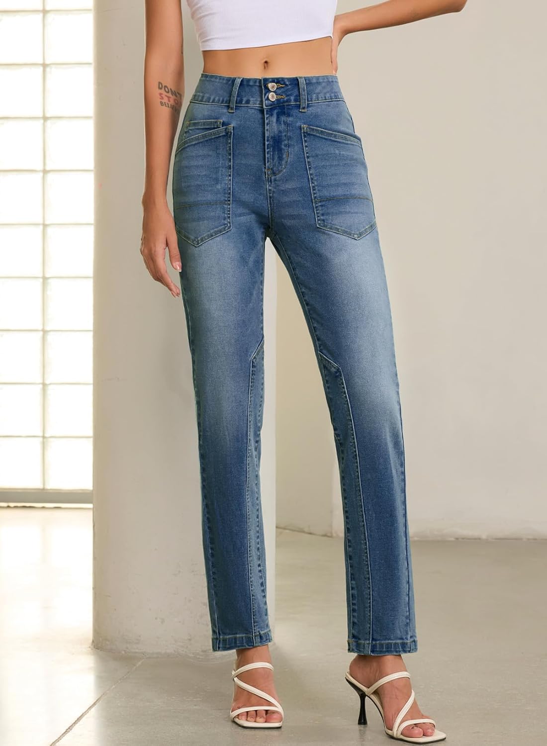 EVALESS Jeans for Women High Waisted Stretchy Trendy Paneling Straight Leg Relaxed Fit Ankle Denim Pants - Image 3