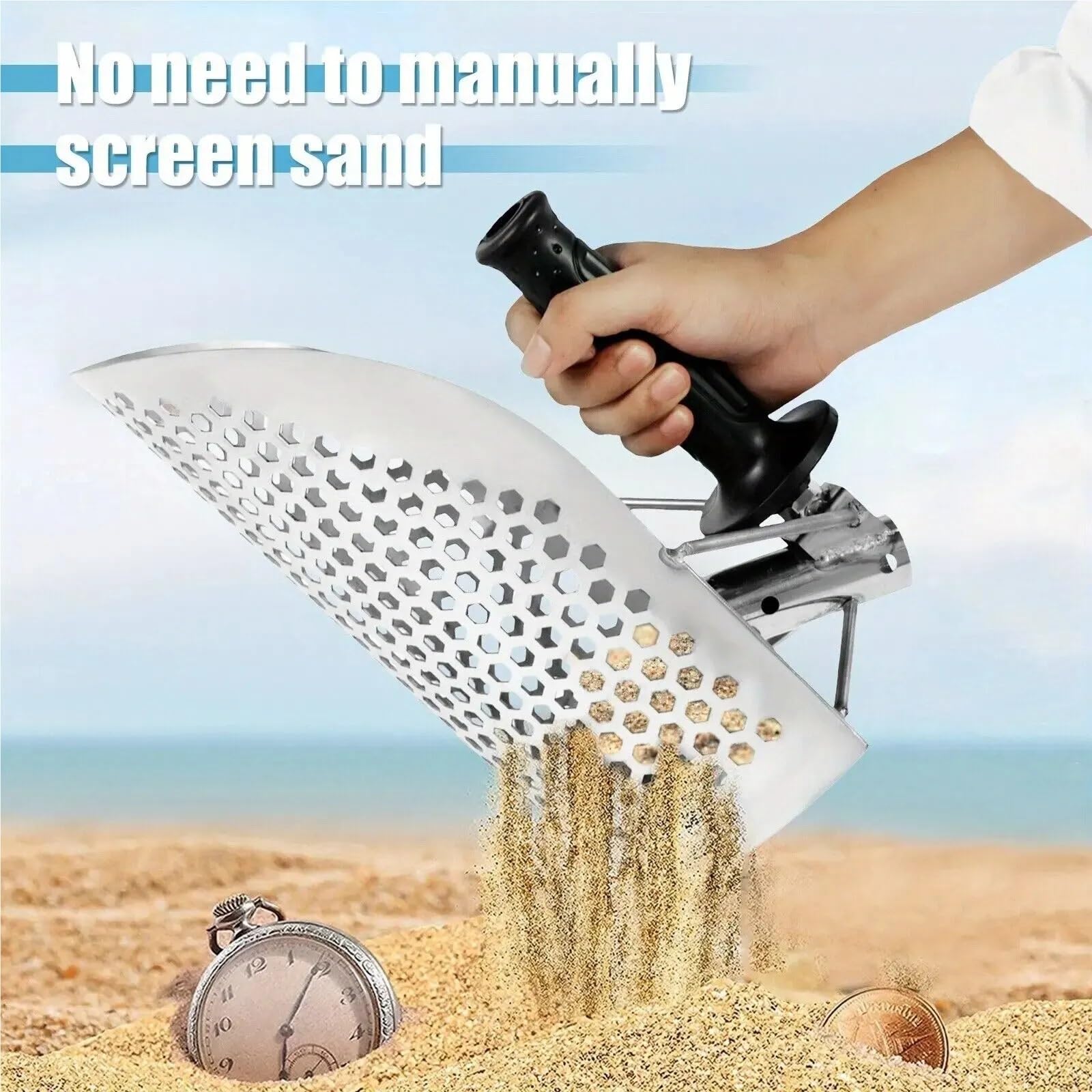 Metalldetektor Edelstahl-Strand-Sandschaufel mit Griff-Werkzeug, schnelles Sieben, Metalldetektor, Schatzsuche, Schaufel-Werkzeug Detektor