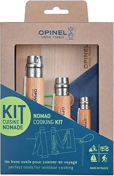 Opinel Nomad Camping Kitchen Utensil Kit ، يشمل رقم 12 سكين مسنن ، رقم. 10 سكين المفتاح ، رقم. 6 مقشرة ، لوح تقطيع