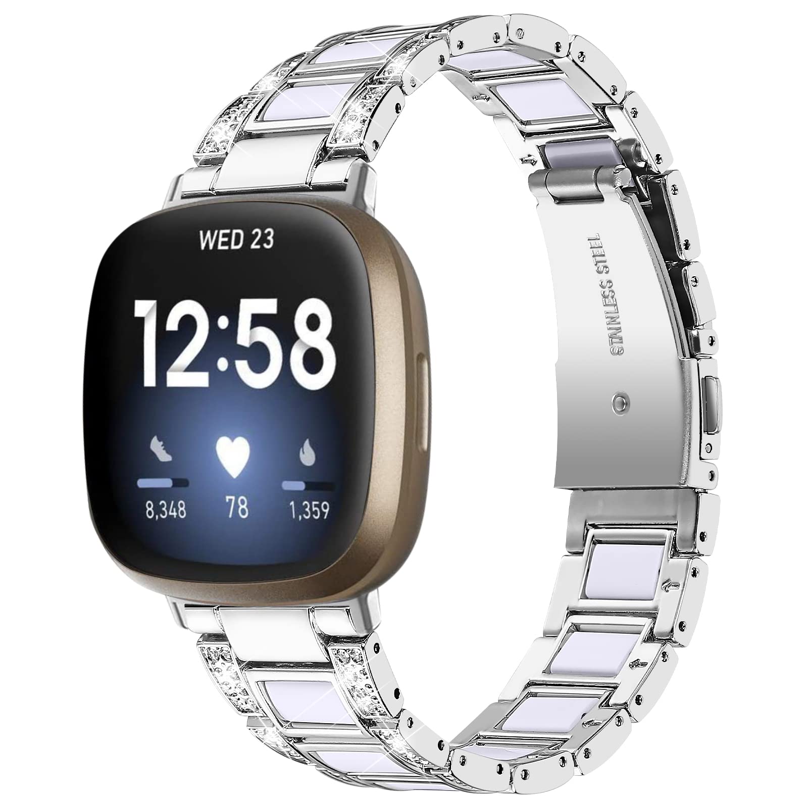AISPORTS Compatible for Fitbit Versa 4/Sense 2 Strap Stainless Steel Resin for Women, Crystal Bling Glitter Diamonds Jewelry Metal Bracelet Sport Wristband Replacement Strap for Fitbit Versa 4/Sense 2