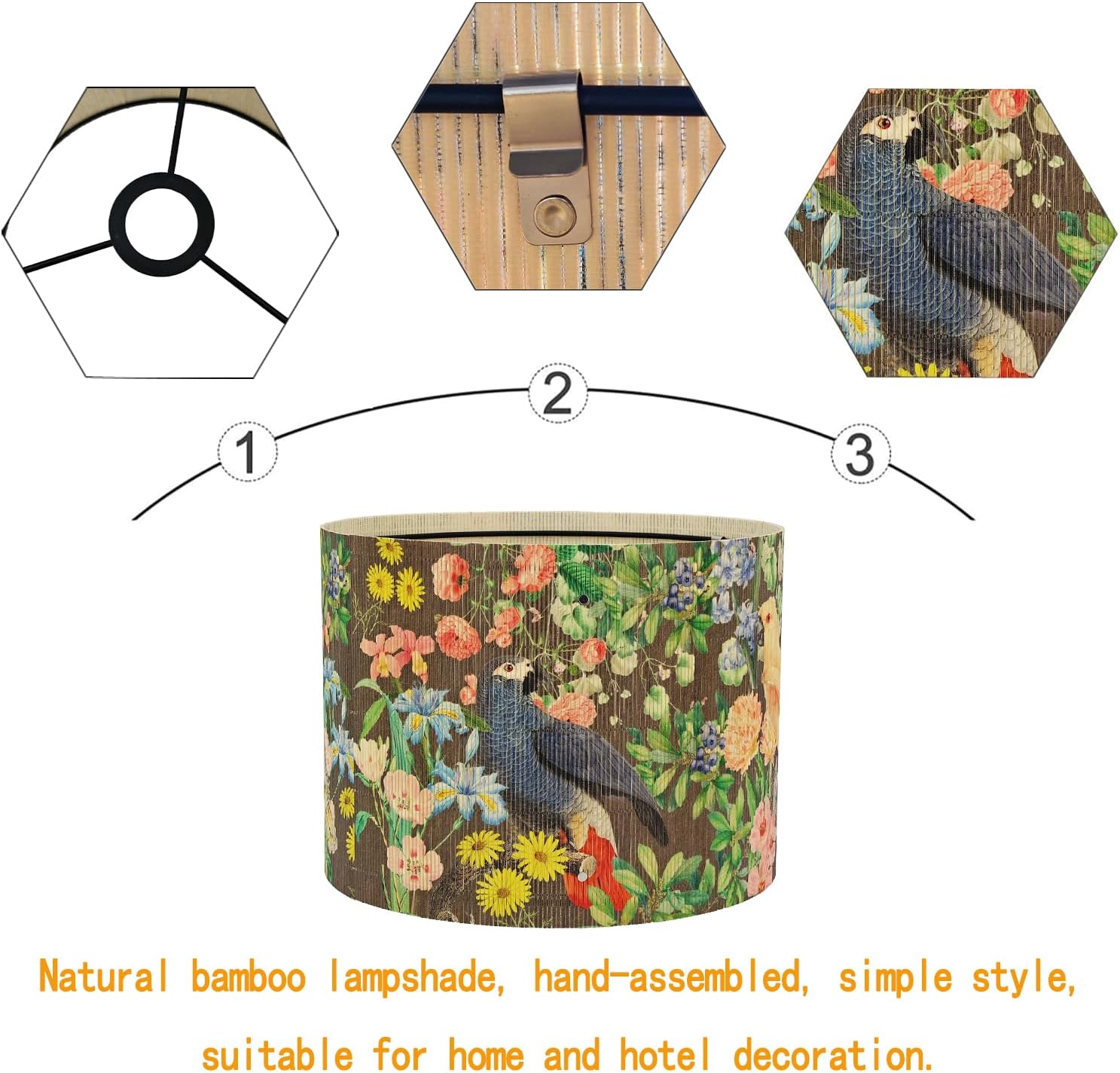 Vintage Bamboo Lamp Shade with Birds and Floral Design, Cylindrical Shape, 30x23cm, Compatible with Table and Floor Lamps (Art Deco B)