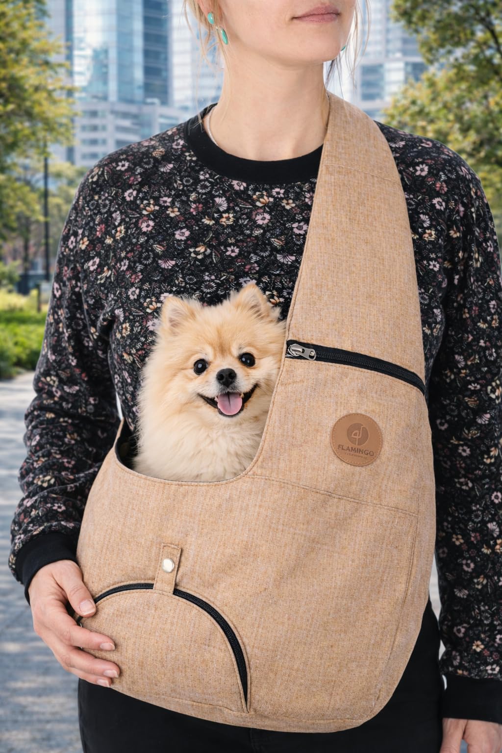 Hunderucksack - Bauchtrage Kanga Beige – 44x20x20cm – Polyester – Top-Öffnung – Abnehmbarer Boden – Lüftungsnetz – Schulterriemen – Sicherheitsleine – Reißverschlusstasche