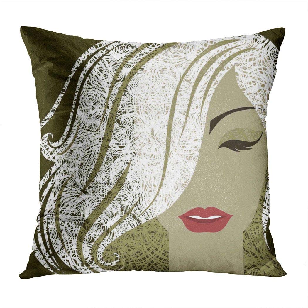 Shenywell Throw Pillow Cover 18 x 18 Inch Lips Pattern Decorative Portrait of Woman with Make Up and Blond Long Hair Cushion Home Decor Sofa Bedroom Office Polyester Pillowcase