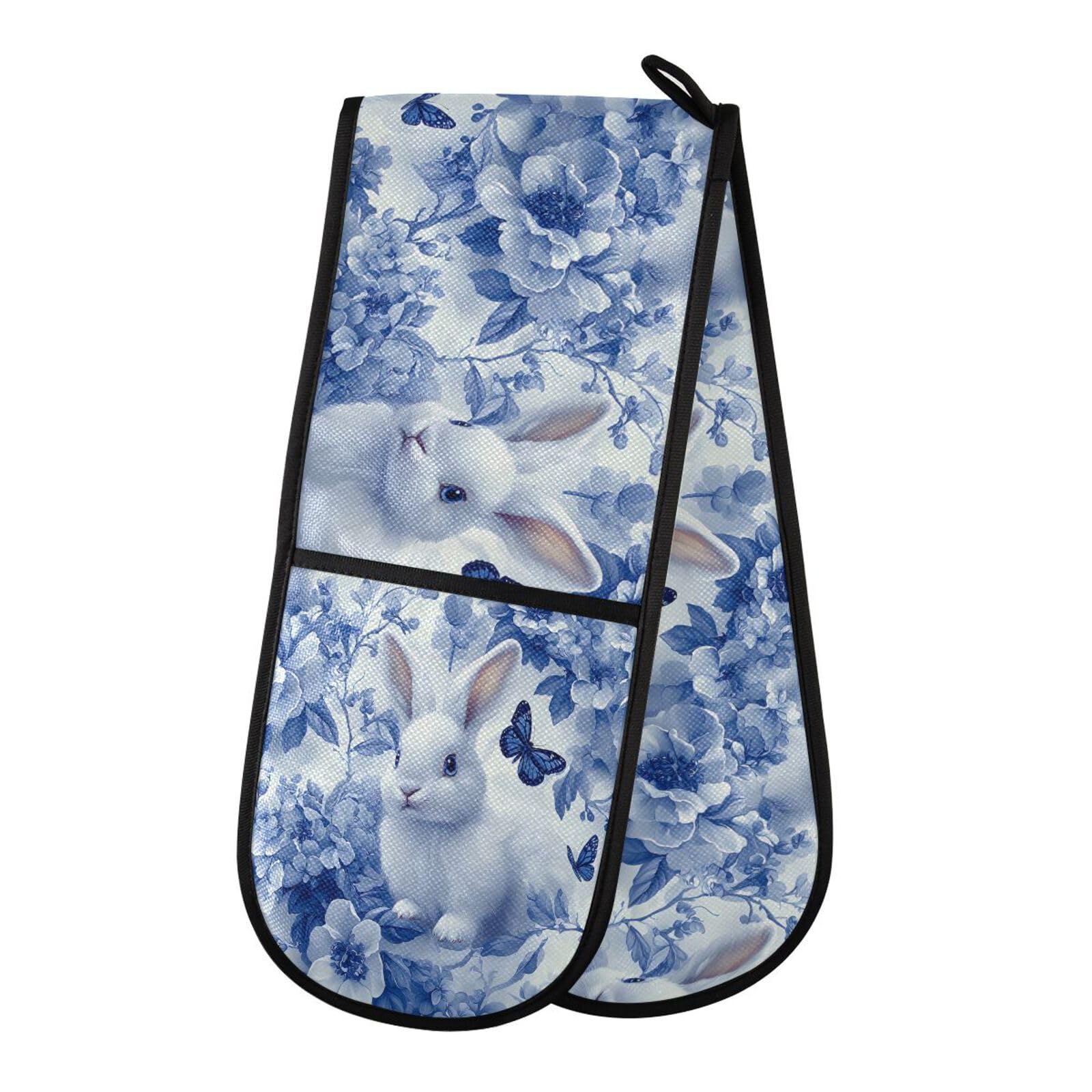 Oven Gloves Double Oven Gloves Blue Rabbit Flower Bunny Heat Oven Mitts Pot Holder Heat Resistant Quilted for BBQ Baking Kitchen Cooking Gloves