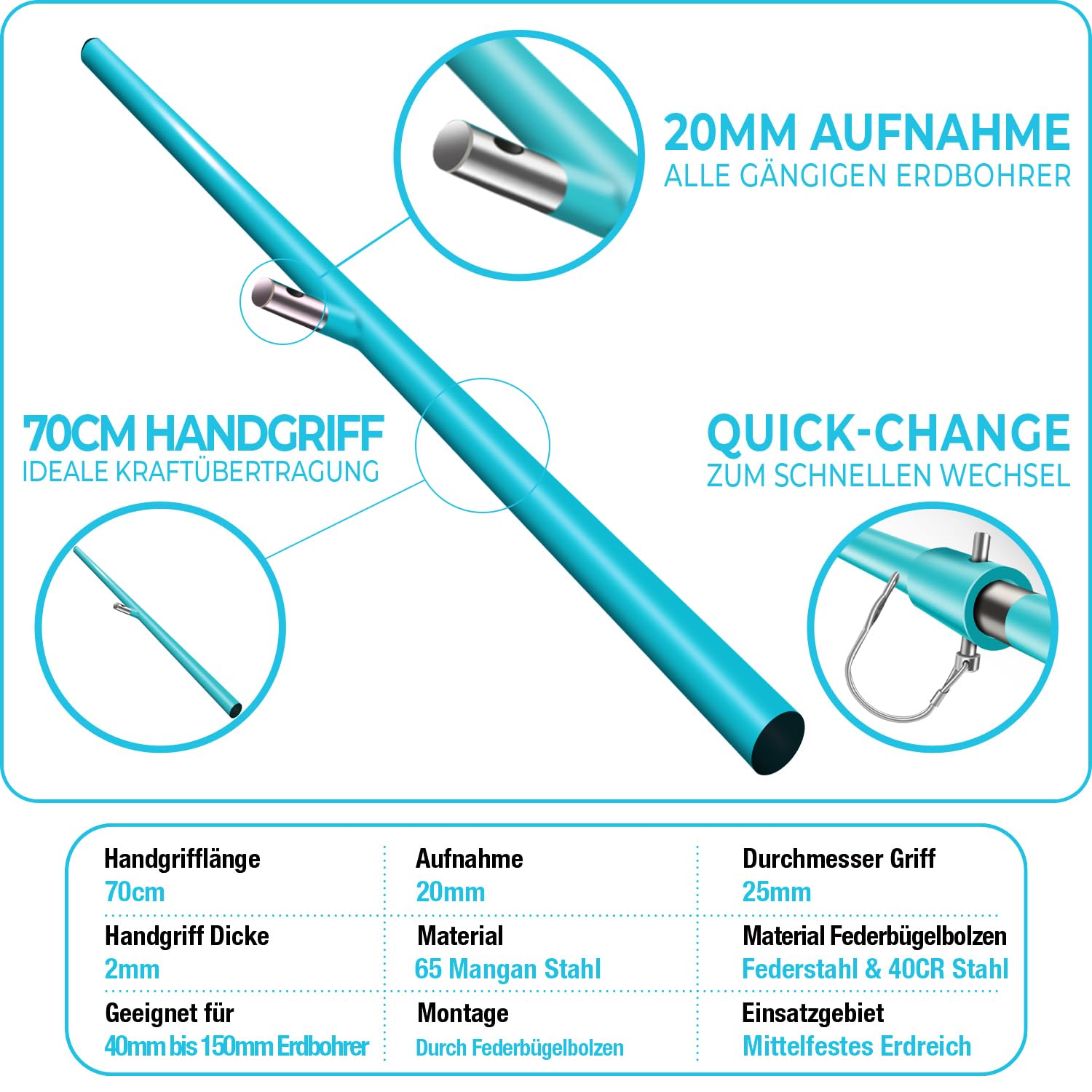 Mango Manual para Taladro de Tierra 70 cm, Empuñadura Extralarga para Barrenas de Tierra, Conexión 20 mm, Acero al Manganeso 65Mn, Perno Quick Change, para Ahoyador, Jardín, Postes y Pozos