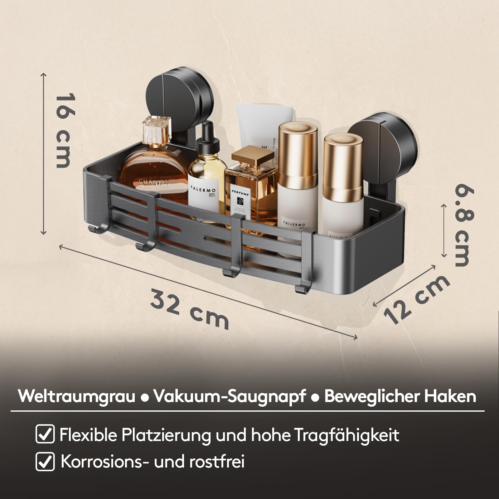 Saugnapf-Duschablage ohne Bohren | 4 Haken, 32 cm Länge, 10 kg Tragfähigkeit, 1-Minuten-Installation | Abnehmbare und rostfreie Shampoo-Halterung für Dusche