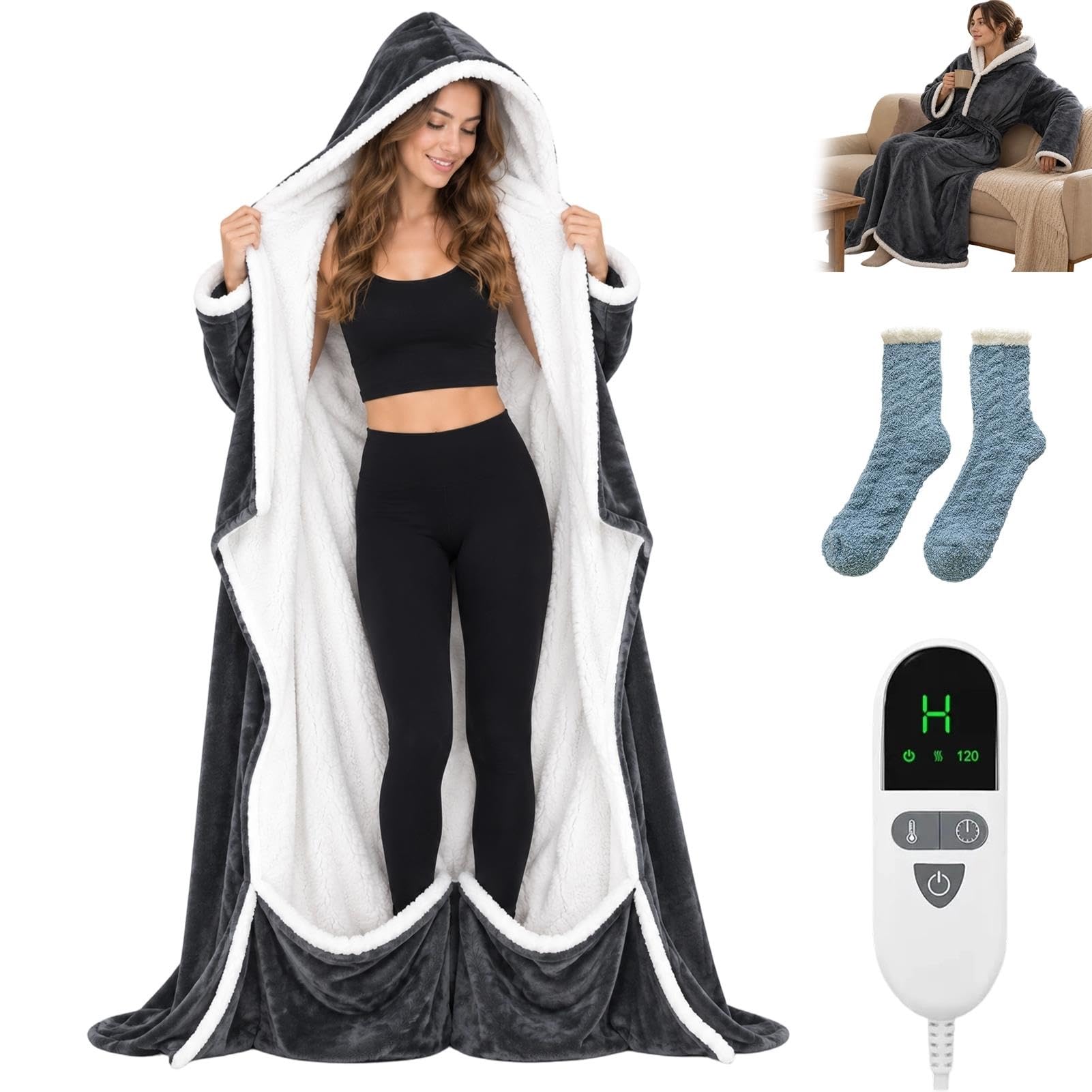 Heated Dressing Gown with Feet Pockets, 180cm Heated Robe with Foot Pockets