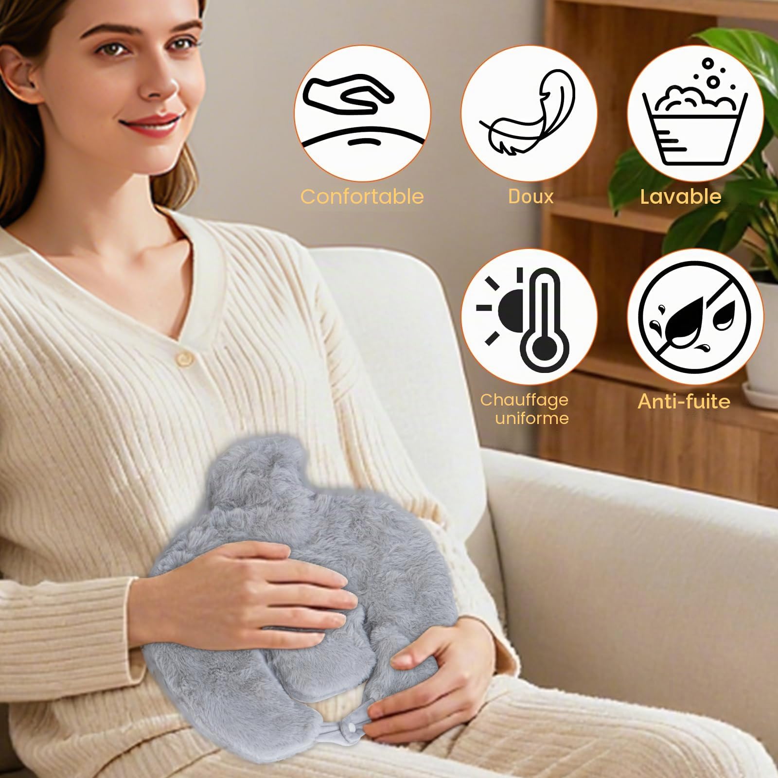 LURICO Bouillotte en Forme de U, Sac à Eau Chaude de Noël, Bouillotte de 1 L avec Housse en Polaire Amovible, PVC Sac à Eau Chaude pour Douleurs au Cou, au Dos et Aux épaules, Cadeau d'hiver (Gris)