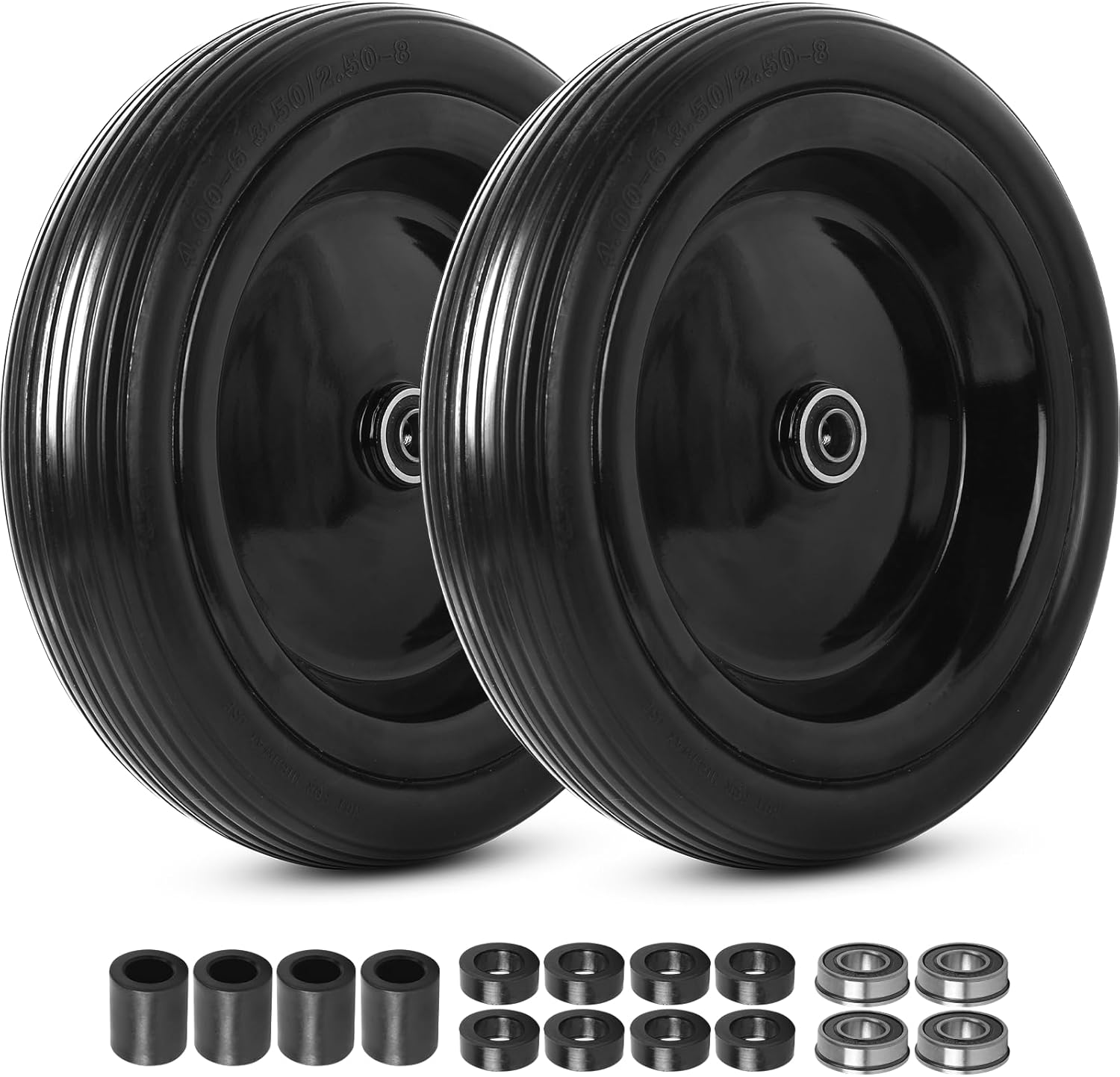 AR-PRO 13" Solid Tire Wheels, 4.00-6 Flat-free Tire and Wheel for Wheelbarrow Hand Truck Garden Cart Wagon Yard Trailer Cart, with 1.8"-6.8" Center Hub, 5/8" Bearings extra 3/4" Bearings (2-Pack)
