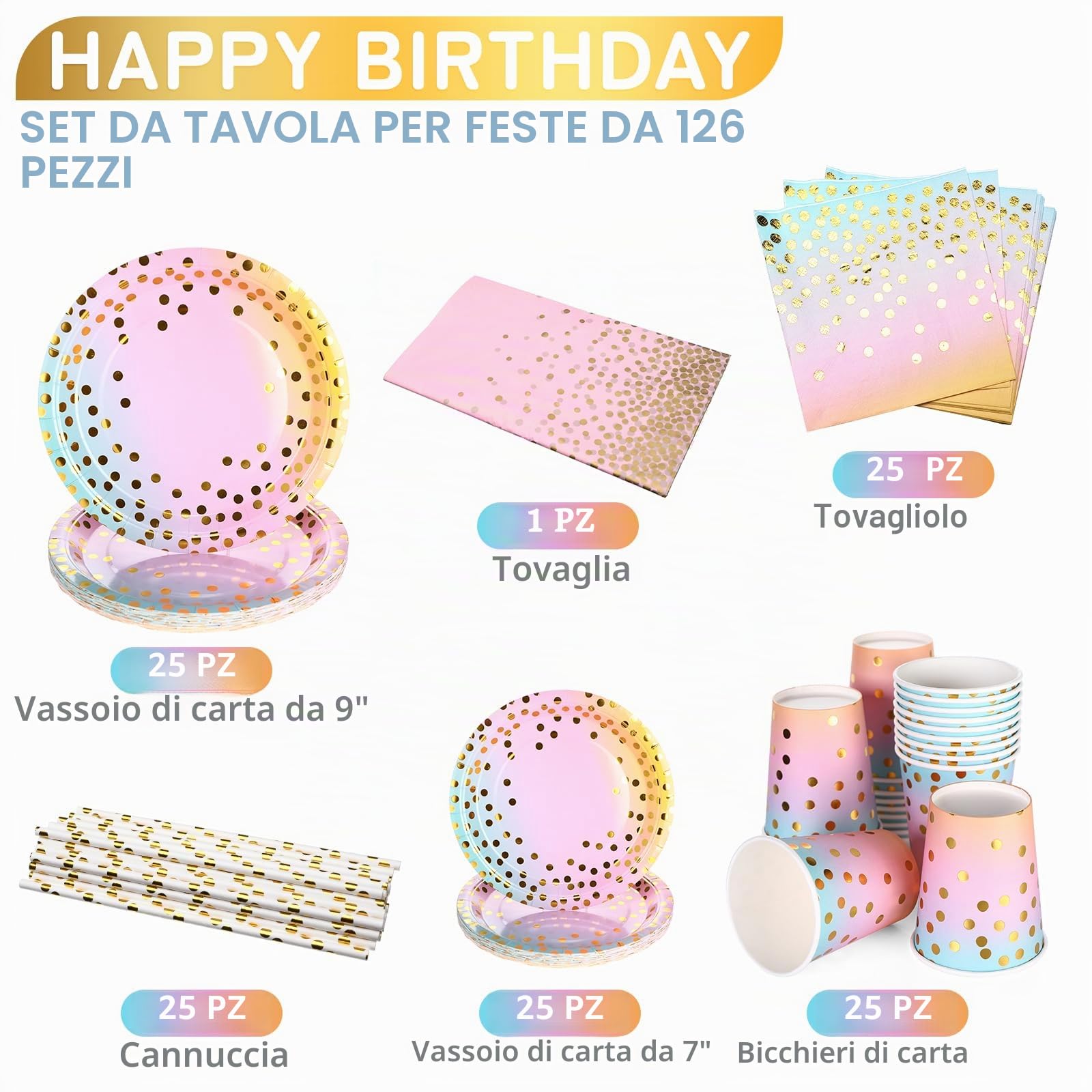 126 Pezzi Stoviglie per Feste,Stoviglie Carta Arcobaleno Set, | Stoviglie per feste di compleanno Include Piatti di Carta Tovaglioli Tazze di Carta Cannucce Tovaglia per Nuziale Doccia