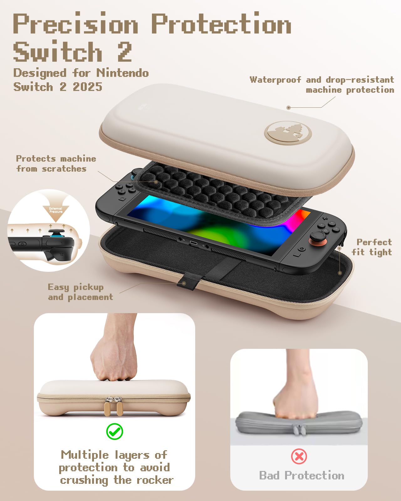Funda para Nintendo Switch 2 2025, Diseño Mejorado con Estructura Alveolar Amortiguadora, Funda Estuche de Transporte para la Consola Nintendo Switch 2,10 Ranuras para Tarjetas de Juego (Beige)