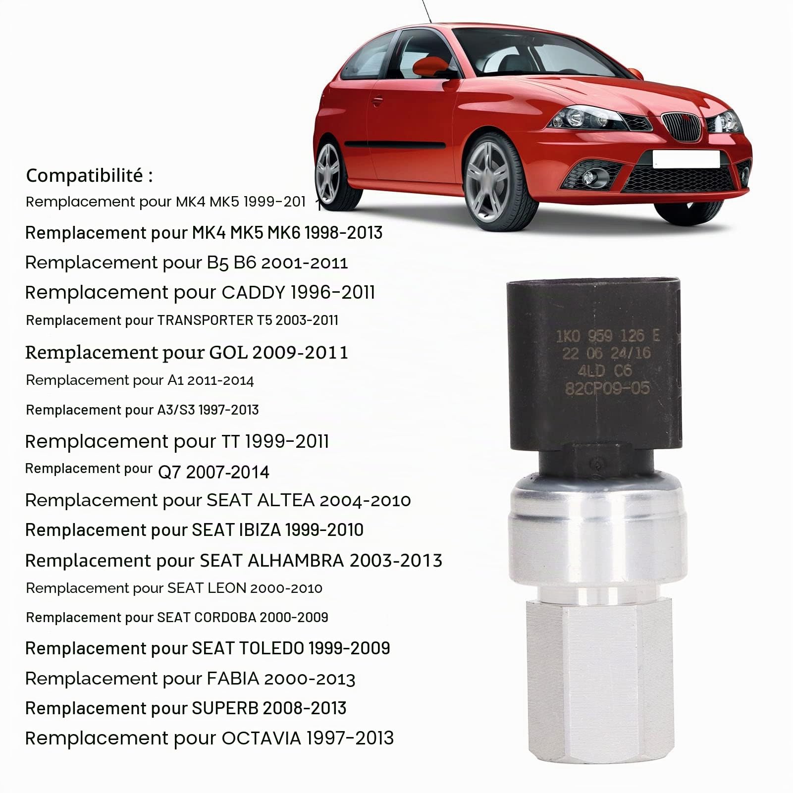Capteur de Pressostat de Climatisation, Remplacement du Capteur de Pression de Réfrigérant de Climatisation de Voiture KIMISS 1K0959126E pour MK4 MK5 A1 B5 B6