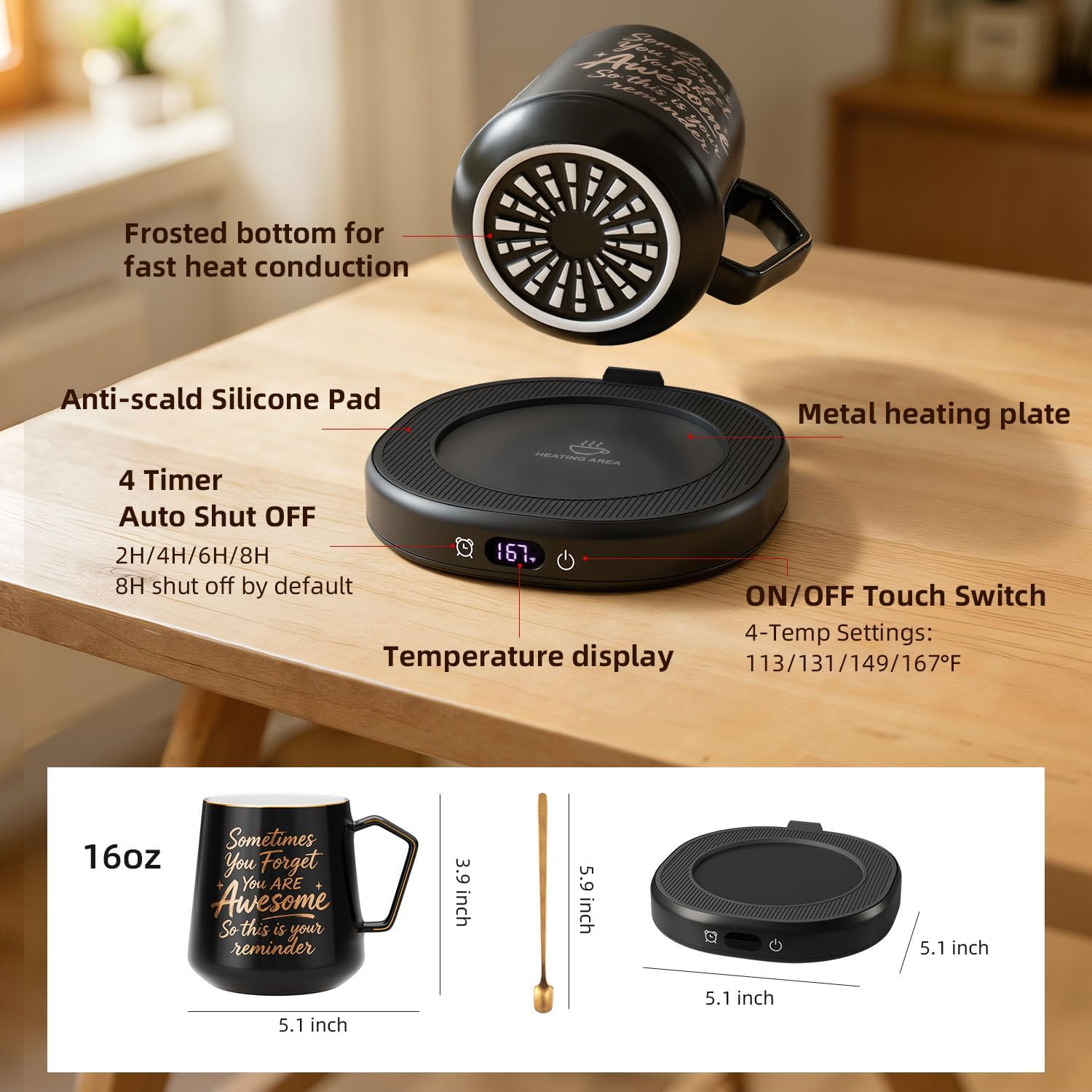 Coffee Mug Warmer Set Electric Cup Warmer for Desk Tea Candle Heated Plate | You are Awesome Mug with Warmer Set, Office Beverage Tea Coffee Lover Gifts for Men, 4 Temperature Control, 8H Auto Shut Off