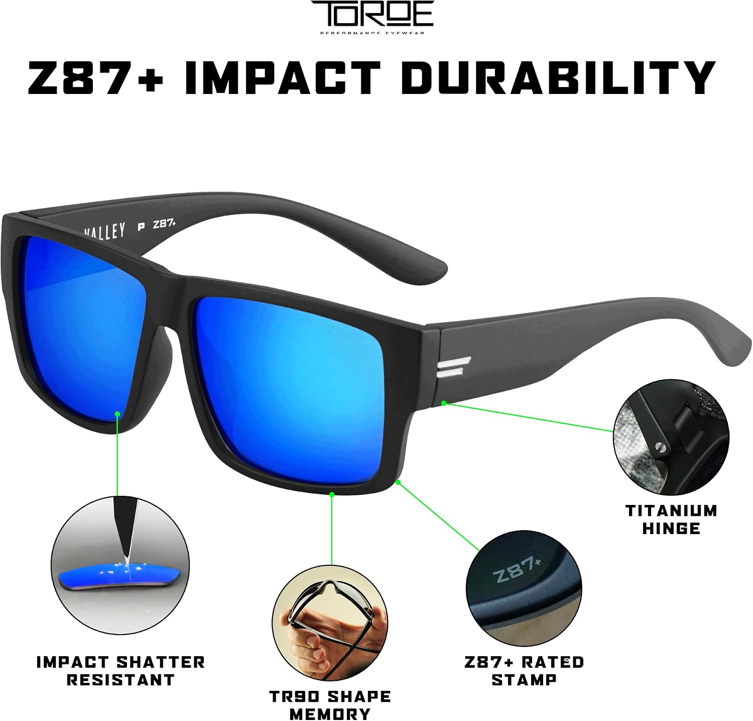 TOROE Z87+ Polarized Safety Sunglasses Matte Black TR90 Frame, ANSI Rated Lens