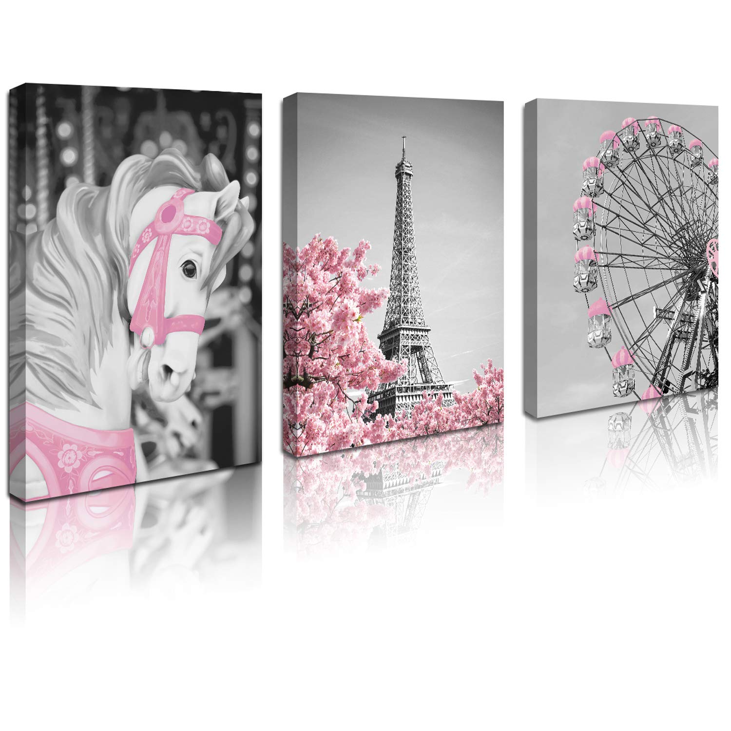 Pink Paris Eiffel Tower Wall Art Canvas Decoration Black and White for Girls Bedroom Bathroom Wall Decor Pictures Kitchen Canvas Framed Artwork for Walls Pink Modern Home Size 12x16 In Each Panel