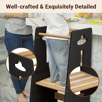 COSYLAND Toddler Step Stool Height Adjustable - Toddler Kitchen Standing Tower Super Stable - Wooden Kids Learning Stool for Kitchen/Toliet (Dark Grey & Natural,Large)