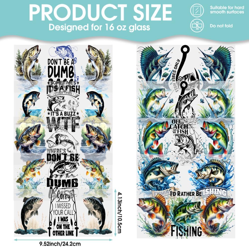 10 Sheets Fishing UV DTF Transfer Stickers, for Libbey Glass Tumbler, Waterproof Decals, Plastic Adhesive Label for Bottles and Cups Decor