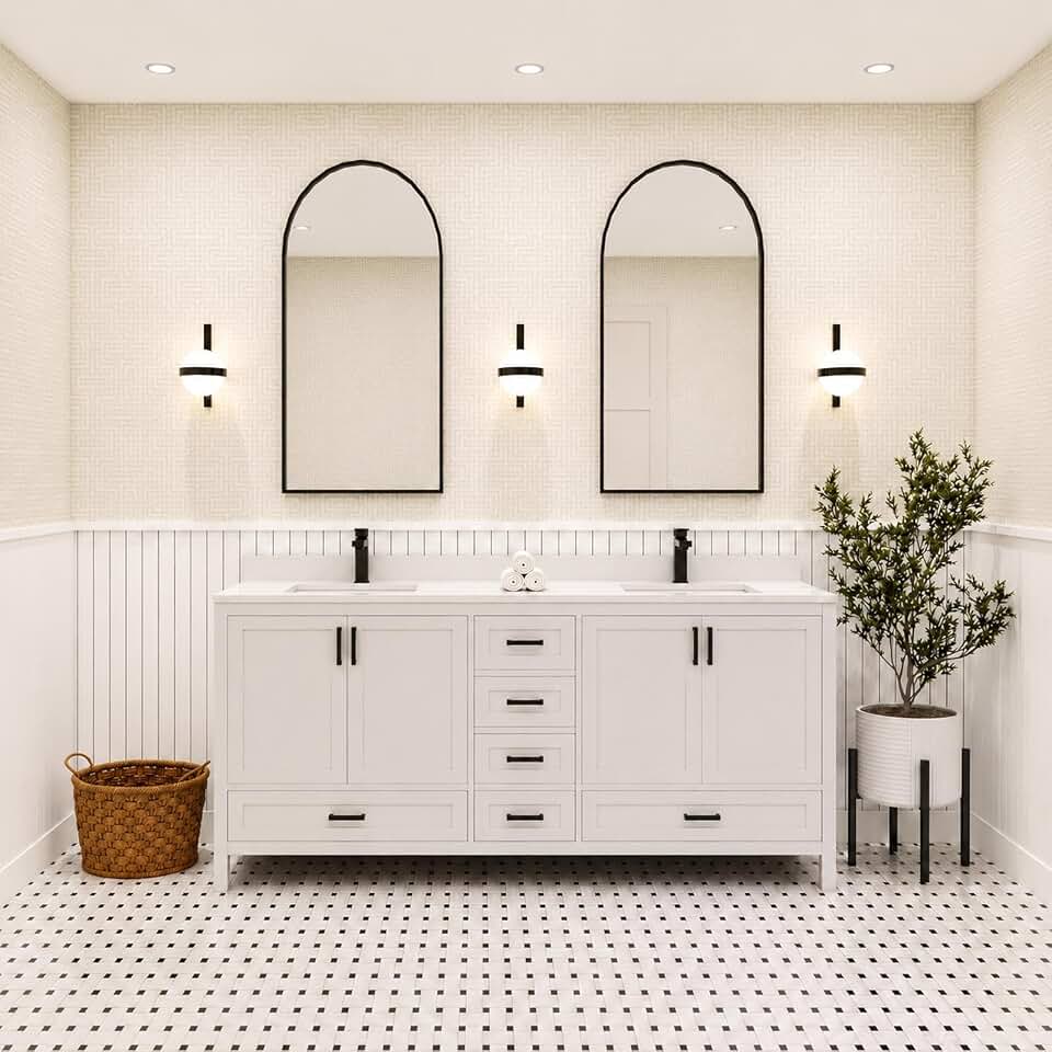 96 in Double Sink Bathroom Vanity with Marble Top - Freestanding Modern Vanity with Storage | Solid Wood Construction | Anti-Fog Mirror