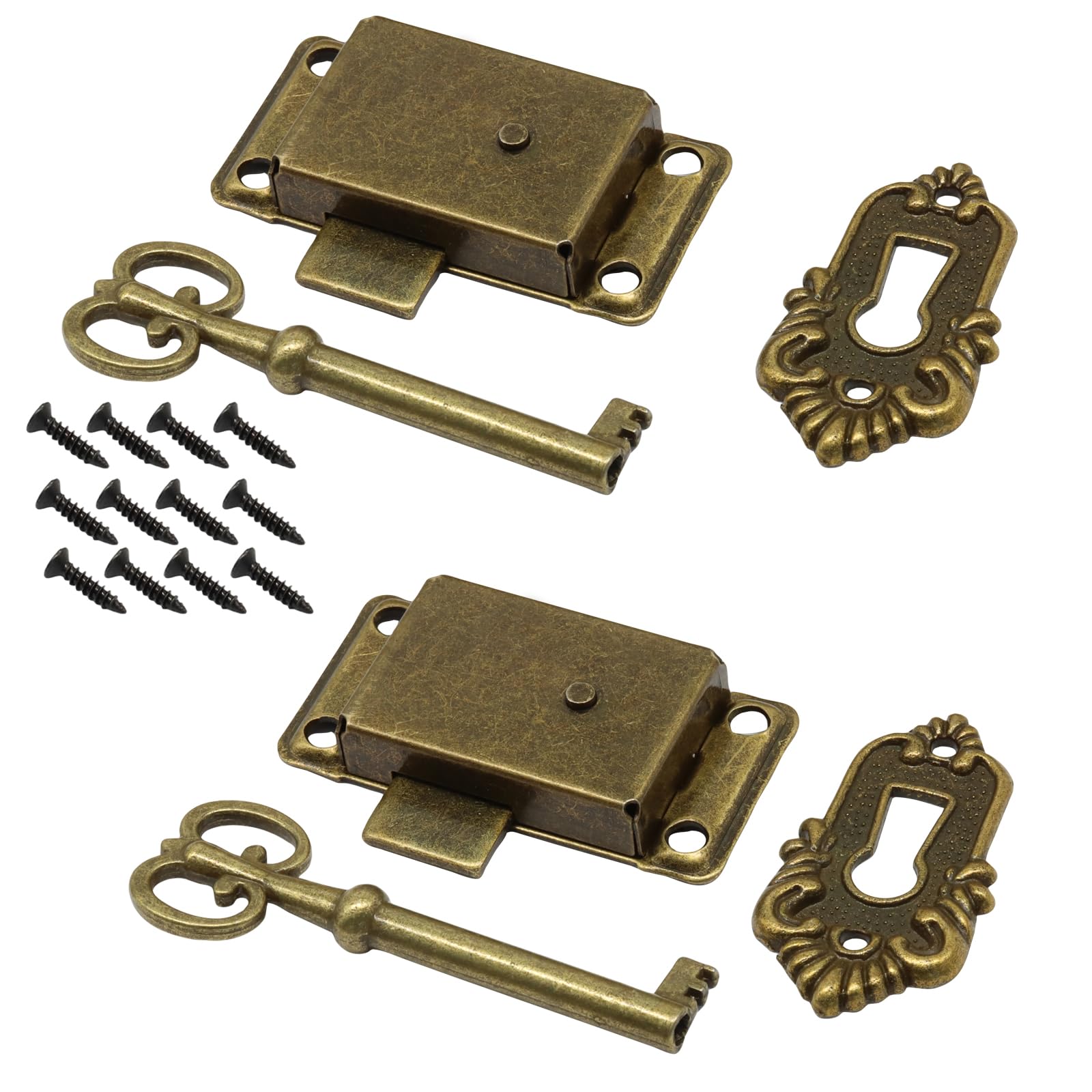 Cjueiom 2 Pcs Antique Bronze Skeleton Key Lock Decorative Vintage Style Hardware for Cabinet, Cupboard, Furniture, Chest, Drawer and Box, Includes Keys and Screws