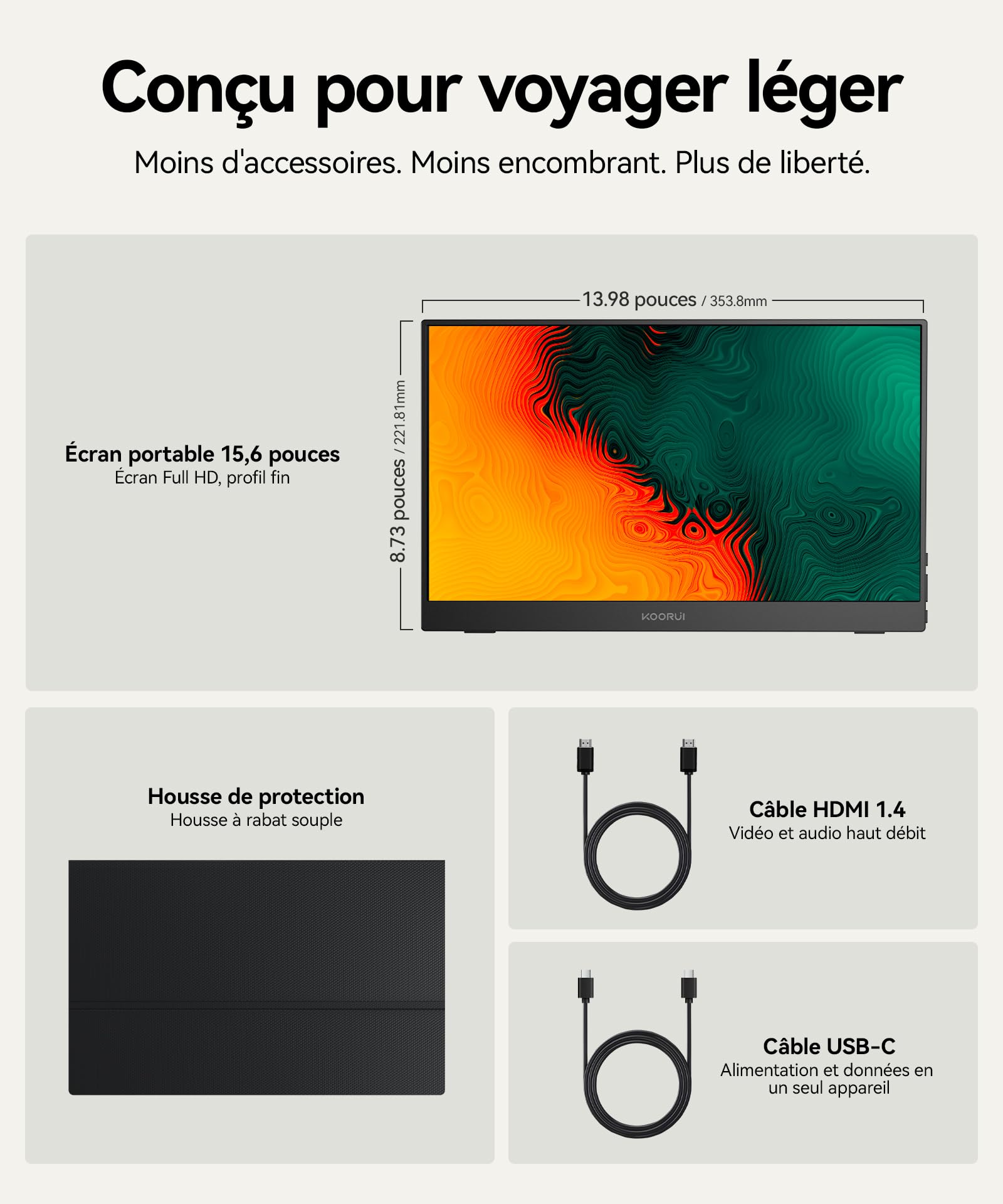 KOORUI Ecran Portable 15,6" IPS 60Hz HDMI USB Type C Haut-parleurs Intégrés | Plug-and-Play, FHD 1920x1080, Moniteur pour PC, Laptop, Xbox,Mac, PS 3/4/5, Eye Care