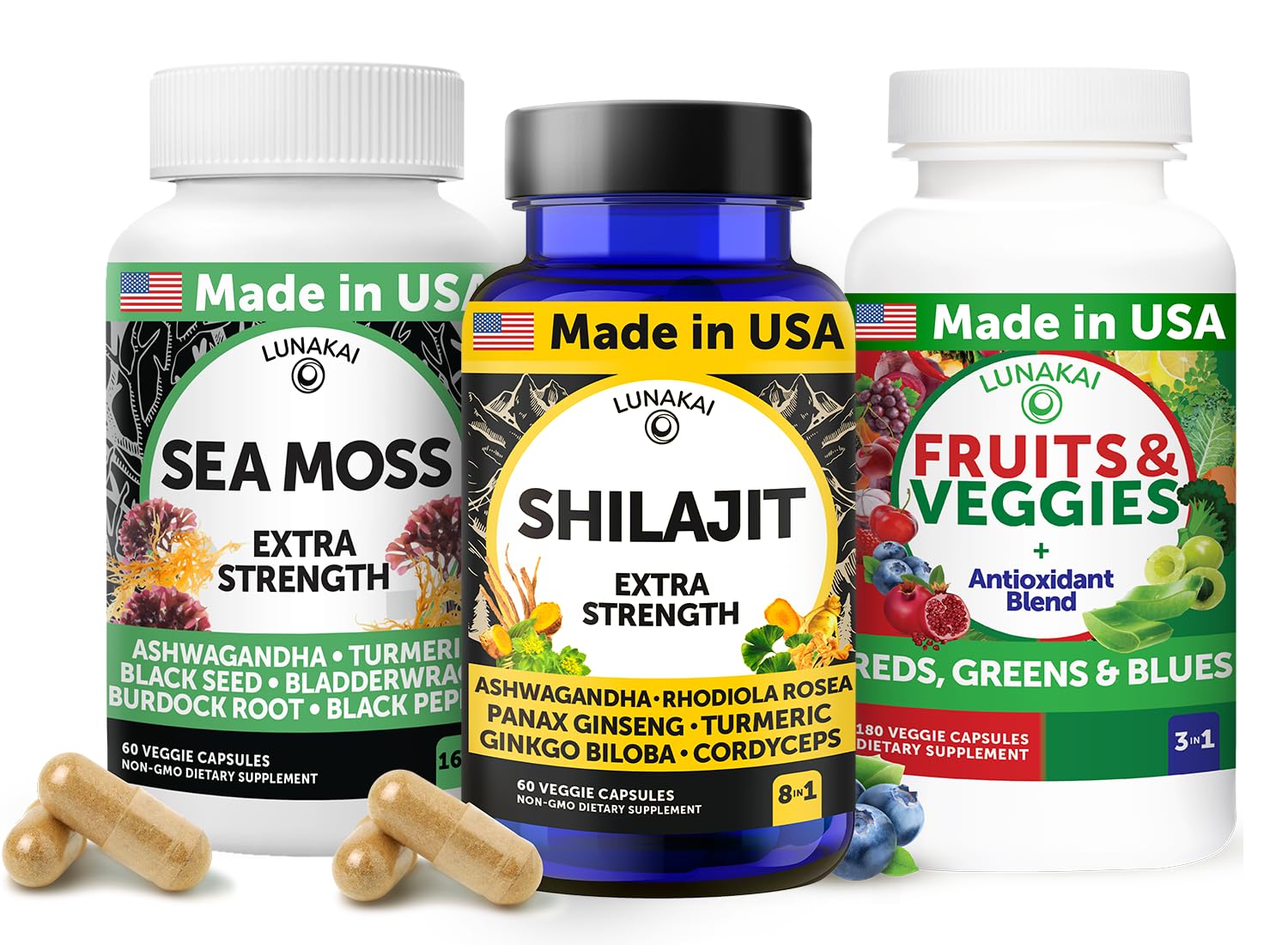Lunakai USA Made 3-in-1 Supplement Capsule Pack – Shilajit, Irish Sea Moss & Superfood Fruits and Veggies | Shilajit Gummies Lunakai USA Made 3-in-1 Supplement Capsule Pack – Shilajit, Irish Sea Moss & Superfood Fruits and Veggies - Shilajit Gummies