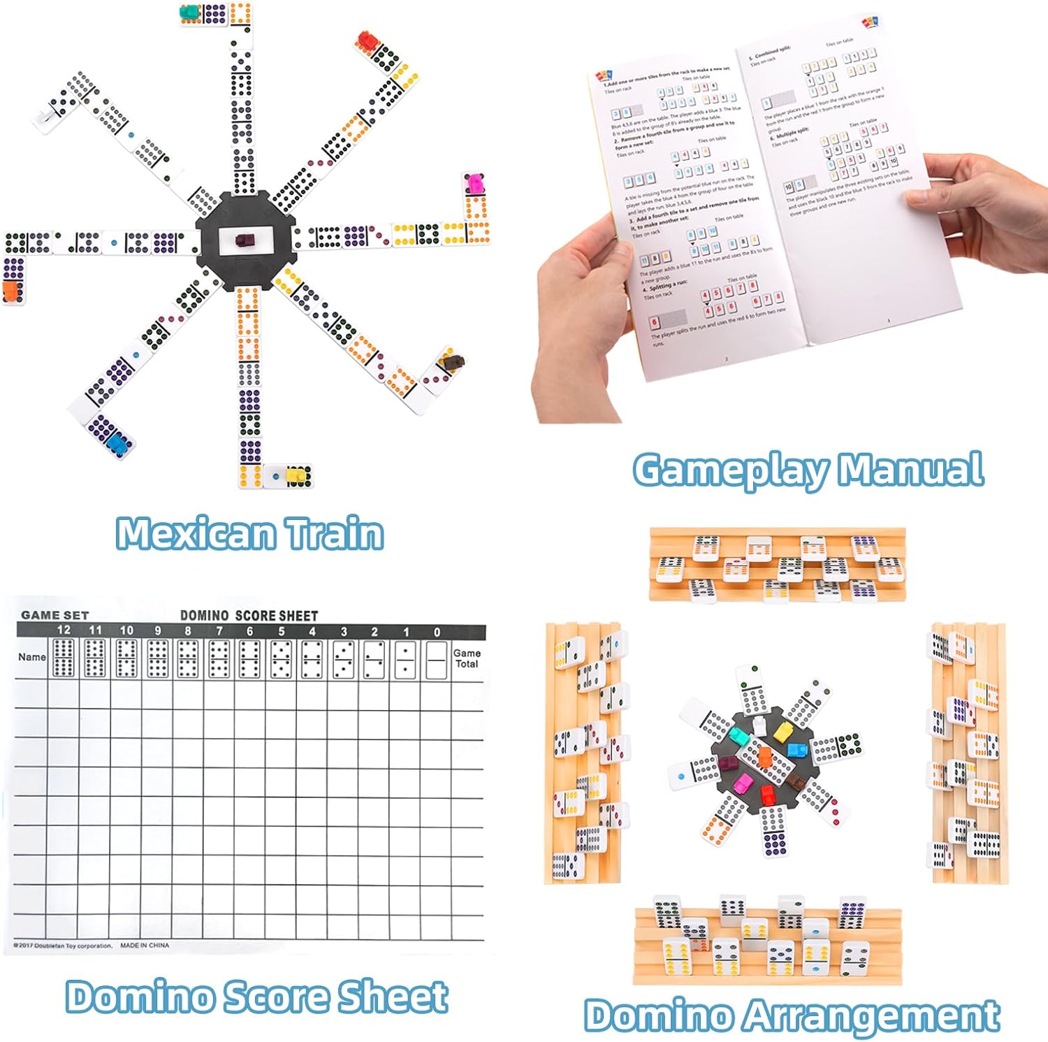 Doreimi Mexican Train Dominoes Set with 8 Wooden Holders, Double 12 Colored Dot Dominoes with Update Hub, Travel Domino Train Game with 91 Tiles and Portable Carry Case, Family Board Team Games
