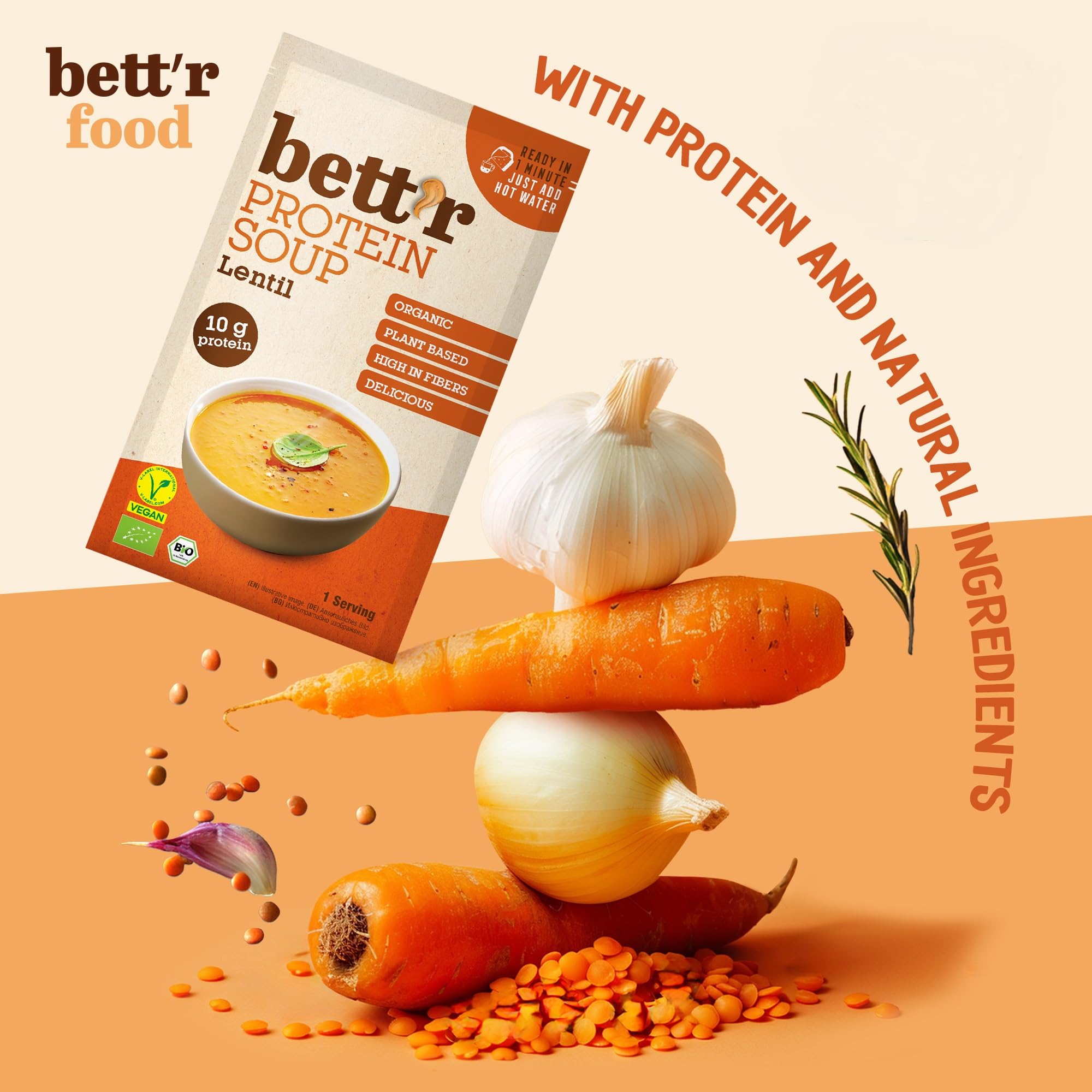 Bett’r BIO Sopa de Proteína con Lentejas Rojas 100% Orgánica Vegana sin Gluten 16 x 30 g
