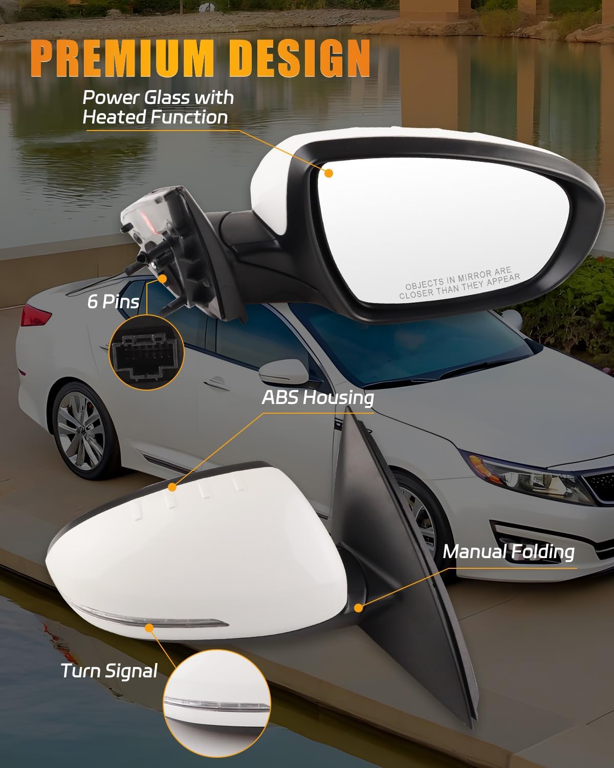 Right Passenger Side White Mirror for 2014 2015 Ki-a Optima Mirrors with Heated, Turn Signal Light, Power Glass, Manual Folding White (6 Pins)
