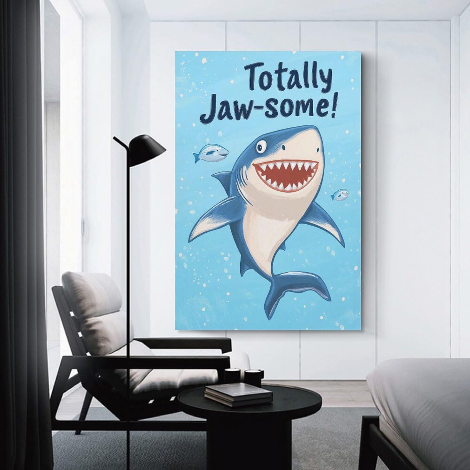Junmoney Canvas Wall Decor Smiling Shark Illustration, 20x30inch(50x75cm), for Flats, Guest Rooms Or Compact Rooms, Wall Decor with Flexible Room Appeal