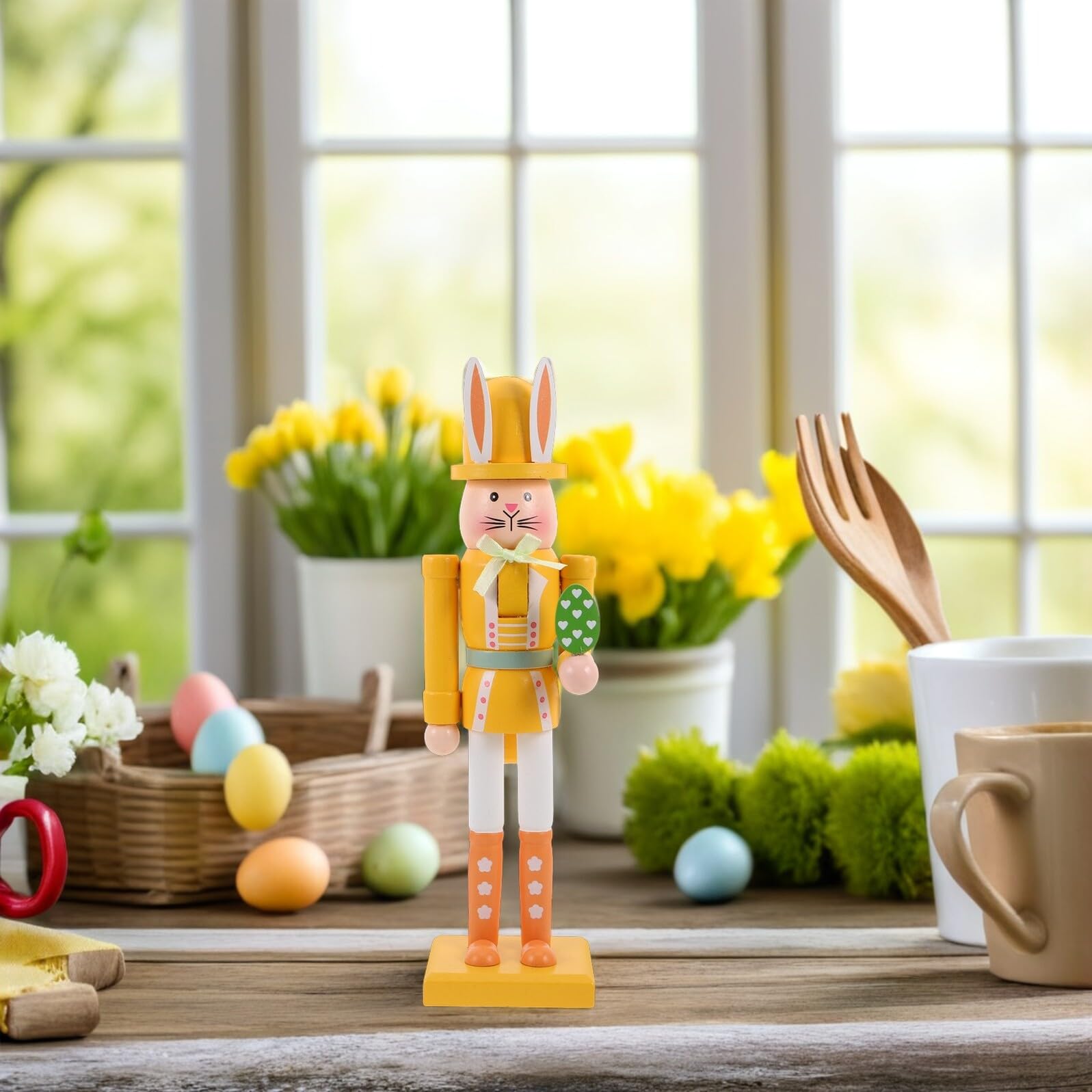 Osterhasen Nussknacker 30cm Gelbe Osterdekoration für Tisch Frühlingsfeste Robuste Osterfigur zur Innenraum Dekoration