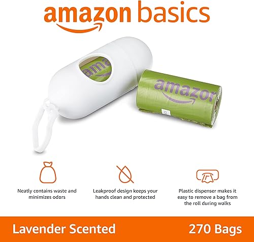 Miniatura 2 de Tienda Basics Bolsas para excrementos de perro con dispensador y clip para correa 13 x 9 pulgadas aroma a lavanda 270 bolsas 18 rollos