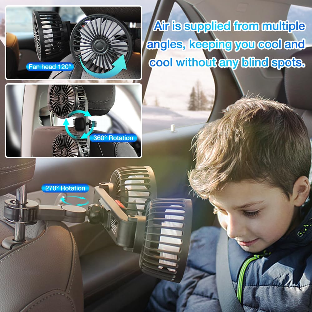 Ventilatore per Auto, Ventilatore USB 5V 2A con 3 Velocità per Sedile Posteriore Passeggero 360° Ruotabile Ventola Due Testa Ventola di Raffreddamento per Auto per Veicoli Come Berlina, SUV, RV