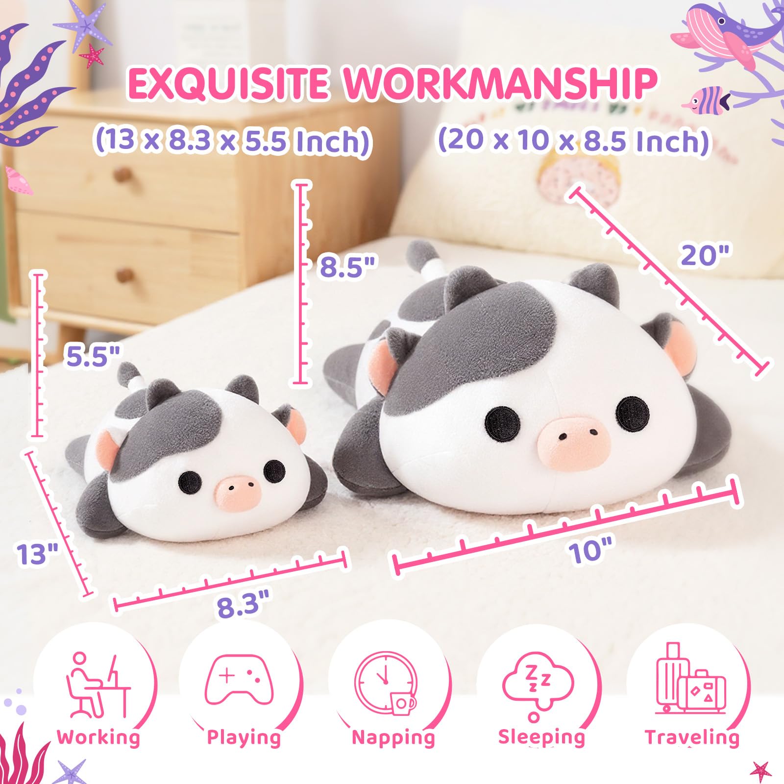 Mewaii Cute Cow Plush Pillow, Kawaii Plushies White Cow Stuffed Toys, Squishy Plushies, Cuddle Plush Pillow for Boys & Girls (20 Inch) - Image 3