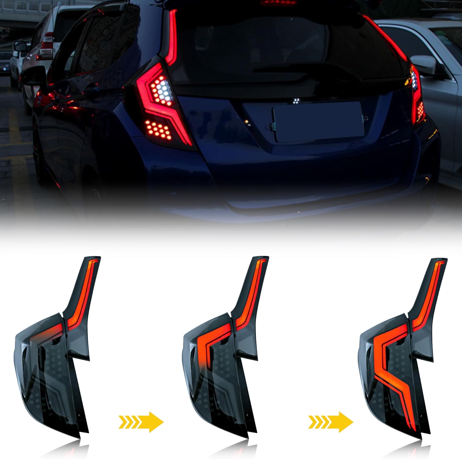 LED Tail Lights Assembly Compatible with Honda Fit 2015-2019 Hatchback Start-up Animation Sequential Turn Signal Black Rear Lamps Accessory