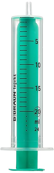 Braun Petzold - Spritze 20mL für Einmalinjektionen mit Luer-Ansatz - Einwegspritze mit grüner Kolbenstange &amp; Graduierung in ml zur exakten Dosierung - Einmalspritzen aus Polypropylen (100er Pack)