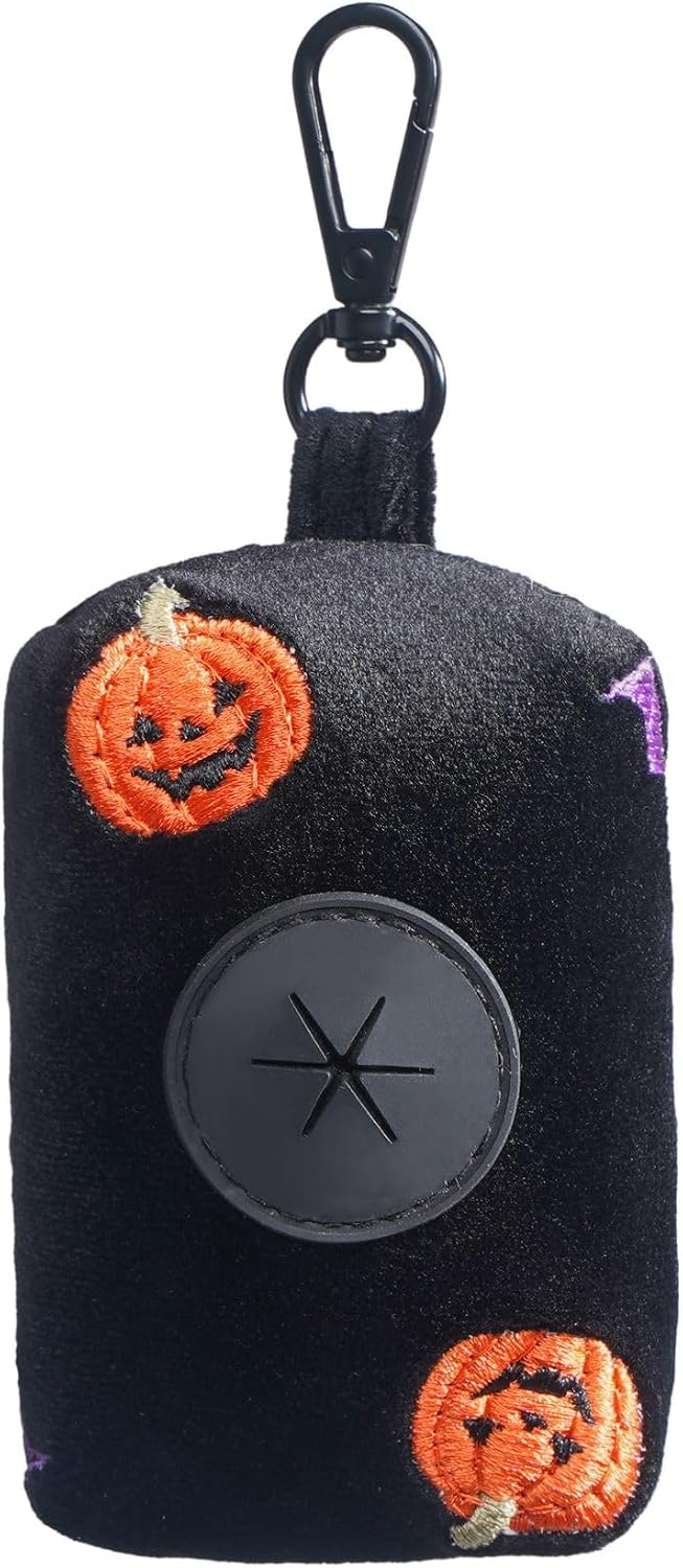 Halloween Velvet Dog Poop Bag Holder for Leash, Stylish Waste Bag Dispenser with Secure Clip, Durable Lightweight Dog Walking Accessory, Portable Poop Bag Carrier Fits Standard Rolls