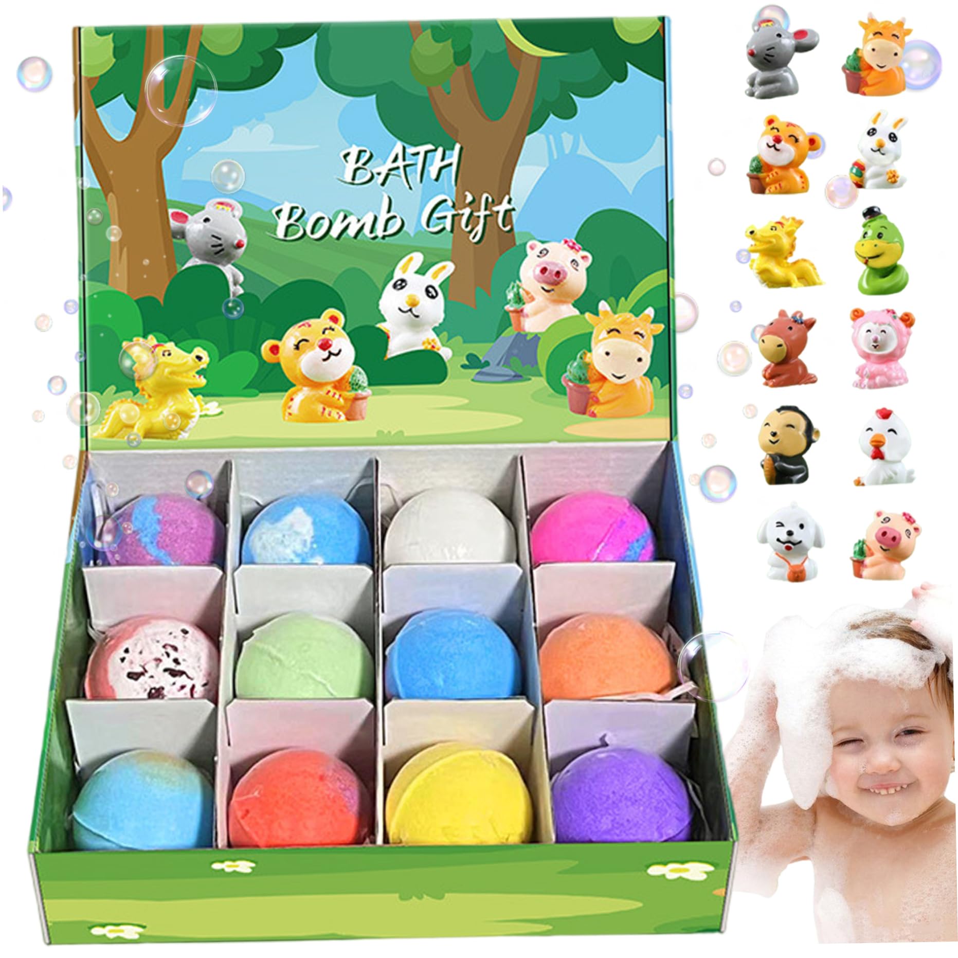 Juego de bombas de baño de 12 piezas: verde, con juguetes en el interior, seguro y apto para niños