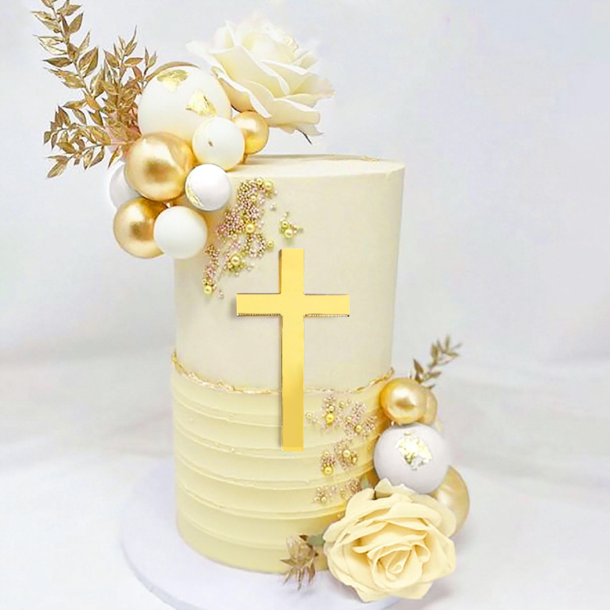 LaVenty Cross Cake Decorations White Gold Cake Topper Rose Cake Toppers Baptism Cake Decorations Baby Shower Cake Decoration Wedding Cake Decoration Palm Leaves Cake Topper