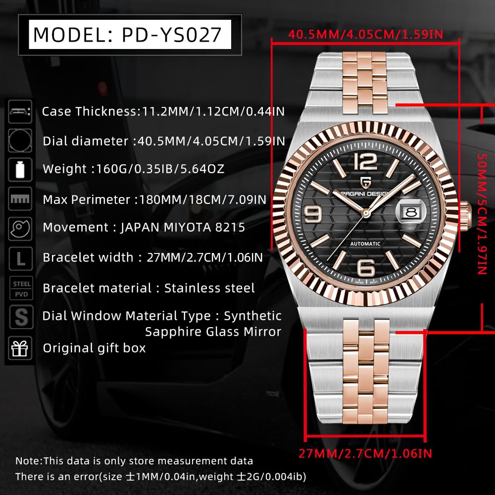 Pagani Design PD-YS027 Herren-Armbanduhr, automatisch, mechanisch, 40,5 mm Edelstahl, 100 m wasserdicht, Datumsanzeige, Saphirglas, leuchtendes Zifferblatt, Armbanduhr für Herren