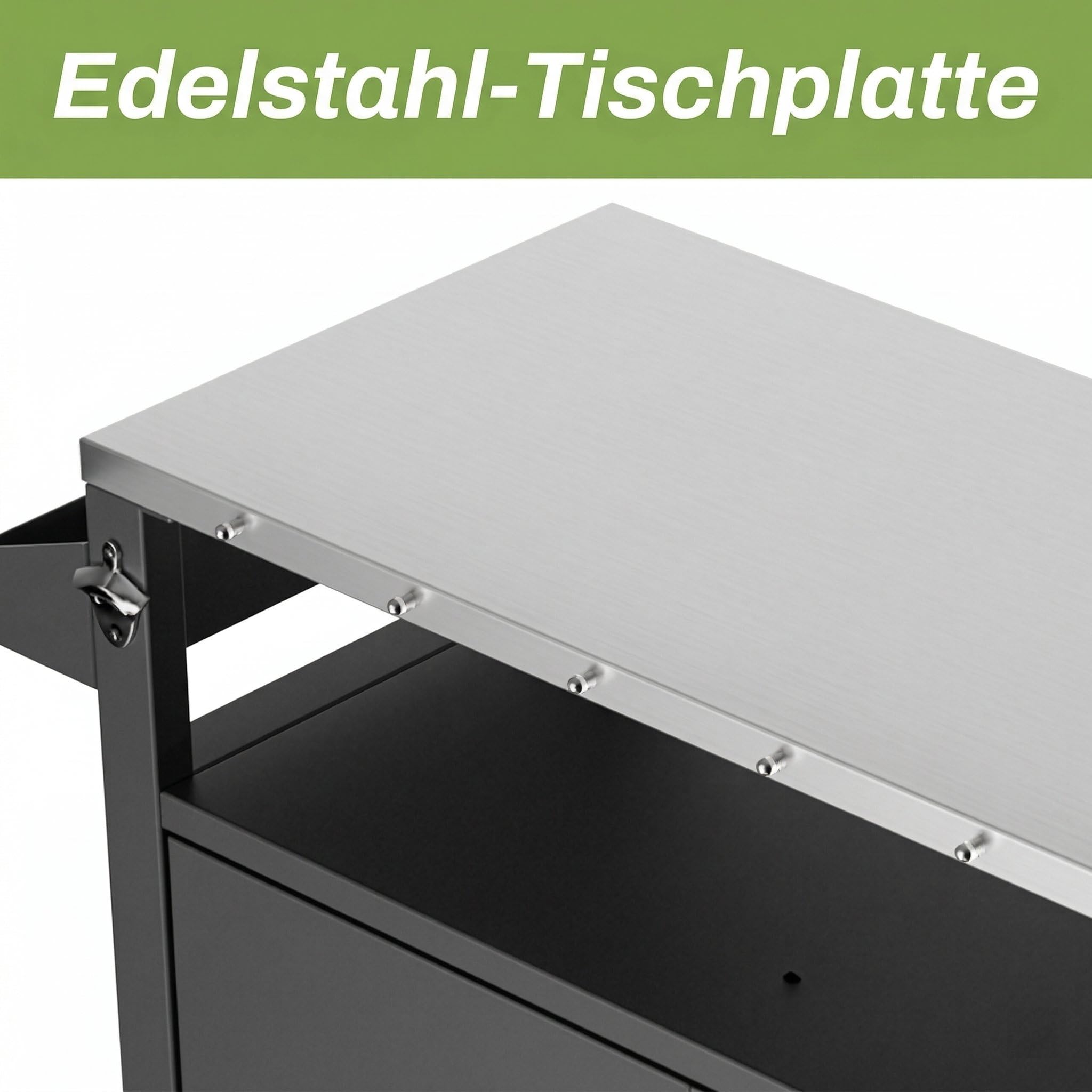 Metallschrank Outdoor mit Stauraum, Gartenschrank Wetterfest mit Haken und Gewürzregal, Outdoor Küche mit 360°-Rollen, für Terrasse/Balkon/Garten, Werkzeugschrank, Wetterfest
