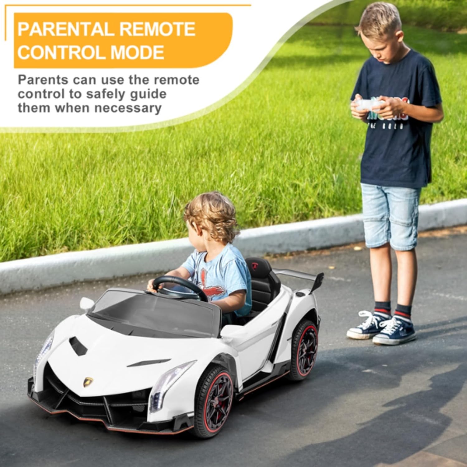 12V 4.5AH Children's Sports Car, Dual-Drive Children's Racing Car, Rideable Electric Car, 2.4G Remote Control, 3 Different Speed Modes, Adjustable Seat Belt, White