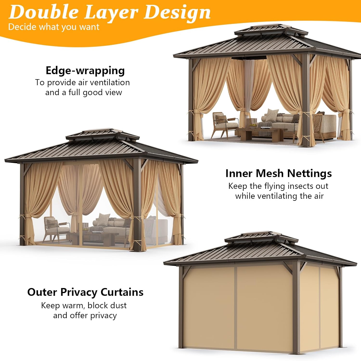 Illustrations of the gazebo with inner mesh nettings for insect protection and outer privacy curtains for warmth, dust blocking, and privacy.