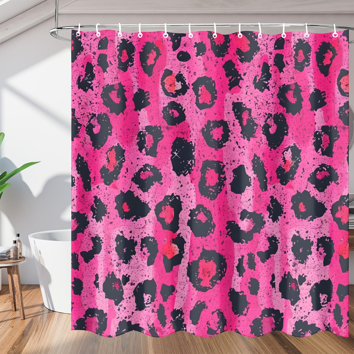 Pink Leopard Print Shower Curtain – Waterproof Polyester With 12 Hooks, 72x72”