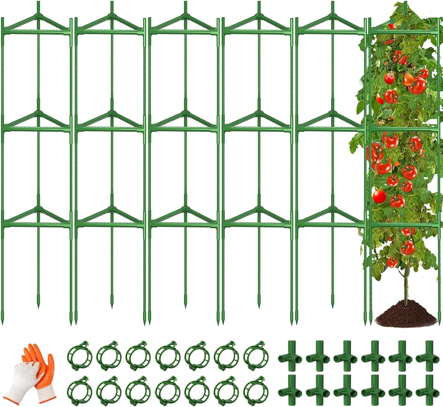 6 Pack Large Tomato Cage for Garden Up to 49" H X 16" W Metal Plant Support Stakes with Clips Triangle Pea Cages Cucumber Trellis for Vegetables Pots Vines Flowers Climbing Plants