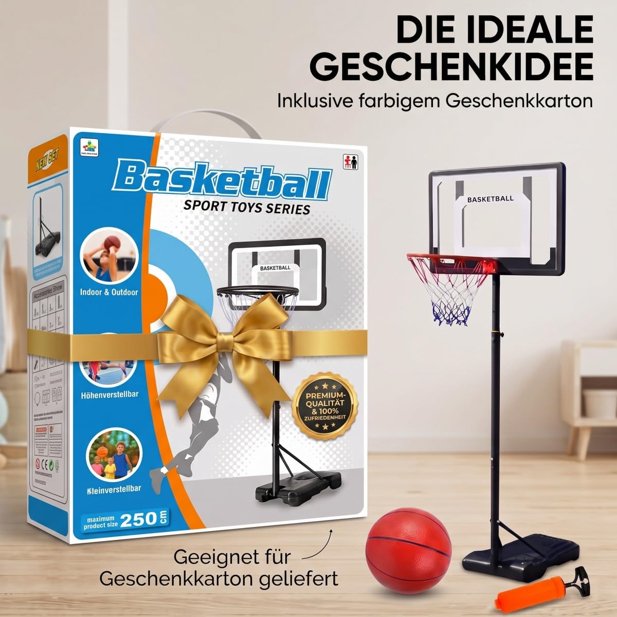 Canasta de baloncesto para exteriores con pelota de baloncesto y bomba de aire, altura ajustable de 148 a 250 cm, base rellenable para mayor estabilidad, canasta de baloncesto móvil para exteriores