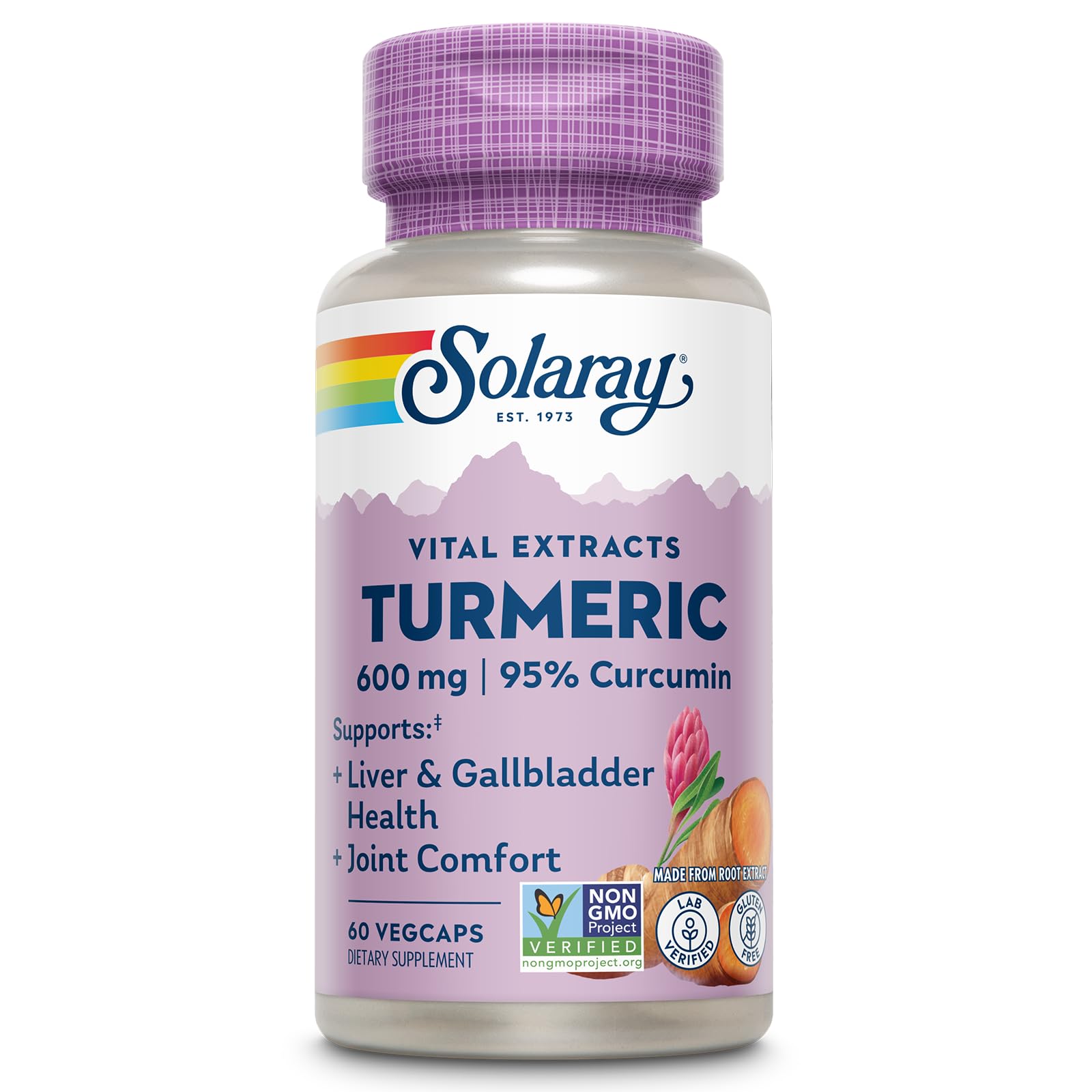 SOLARAY Turmeric Supplement 600mg - Turmeric Root with 95% Curcumin - Joint Support Supplement - Joint Health, Gallbladder and Liver Support, Non-GMO, Vegan, Gluten Free, 60-Day Guarantee, 60 Servings