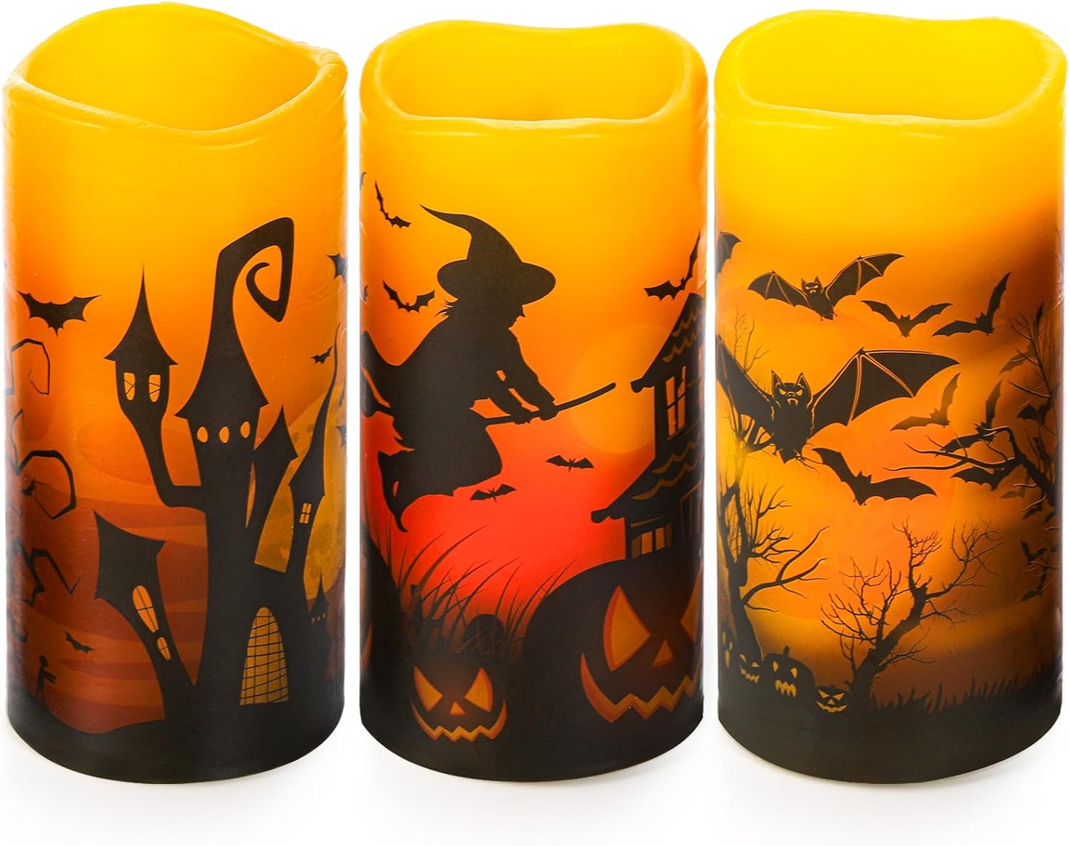 Hbaushun Halloween Flameless Candles 3 Pack with 6 Hour Timer,Battery Operated Real Wax LED Pillar Flickering Candles Warm Light with Castle, Witch, Bats Decal Halloween Decorations Candles
